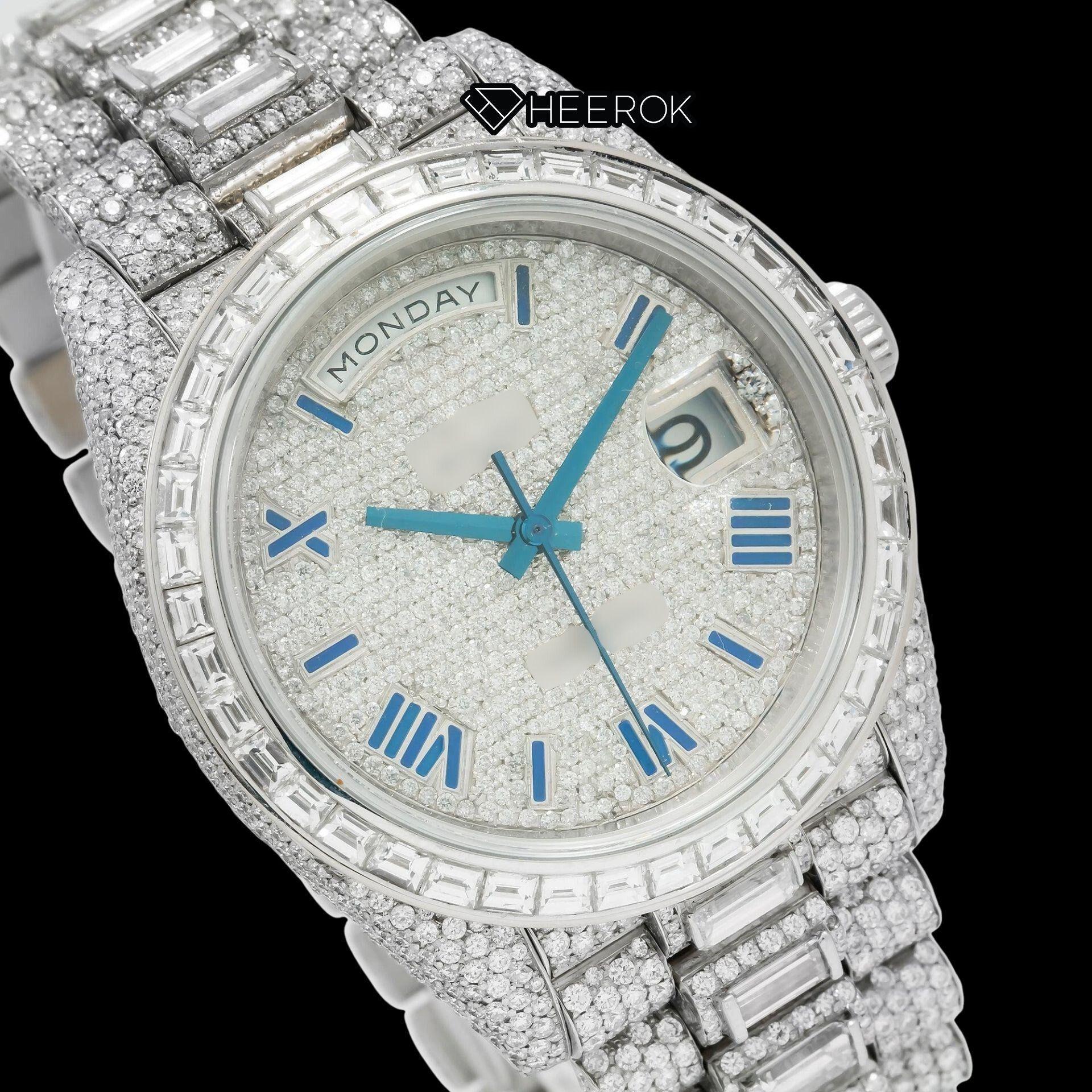 Rolex Day-Date Full Paved Dial Blue Roman Numerals Baguette Diamond Bezel Fully Iced Moissanite Diamond President Bracelet Watch