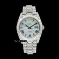 Rolex Day-Date Full Paved Dial Blue Roman Numerals Baguette Diamond Bezel Fully Iced Moissanite Diamond President Bracelet Watch