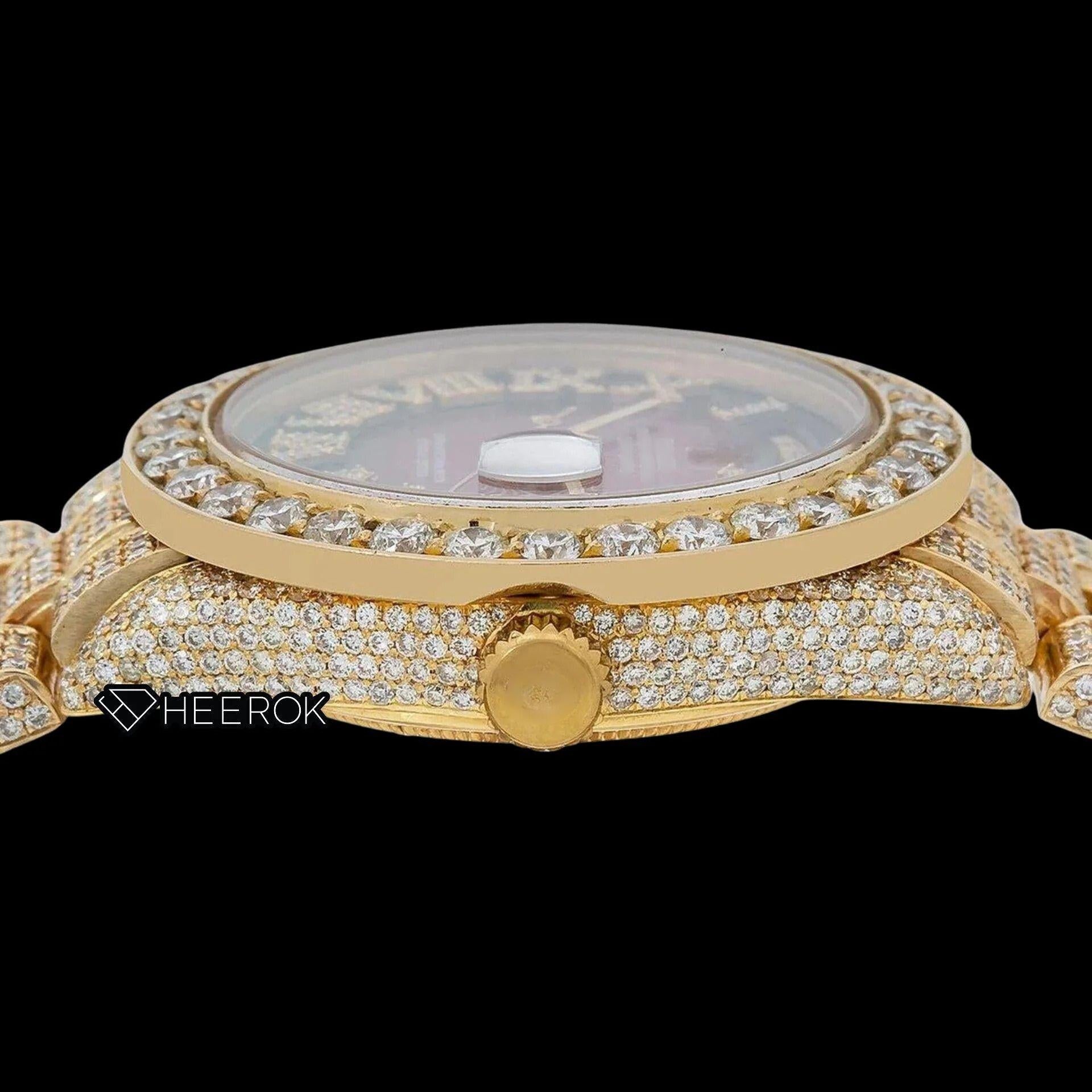 Rolex Day-Date Red Dial Roman Diamond Numerals Diamond Bezel Yellow Gold Fully Iced Moissanite Diamond President Bracelet For Women