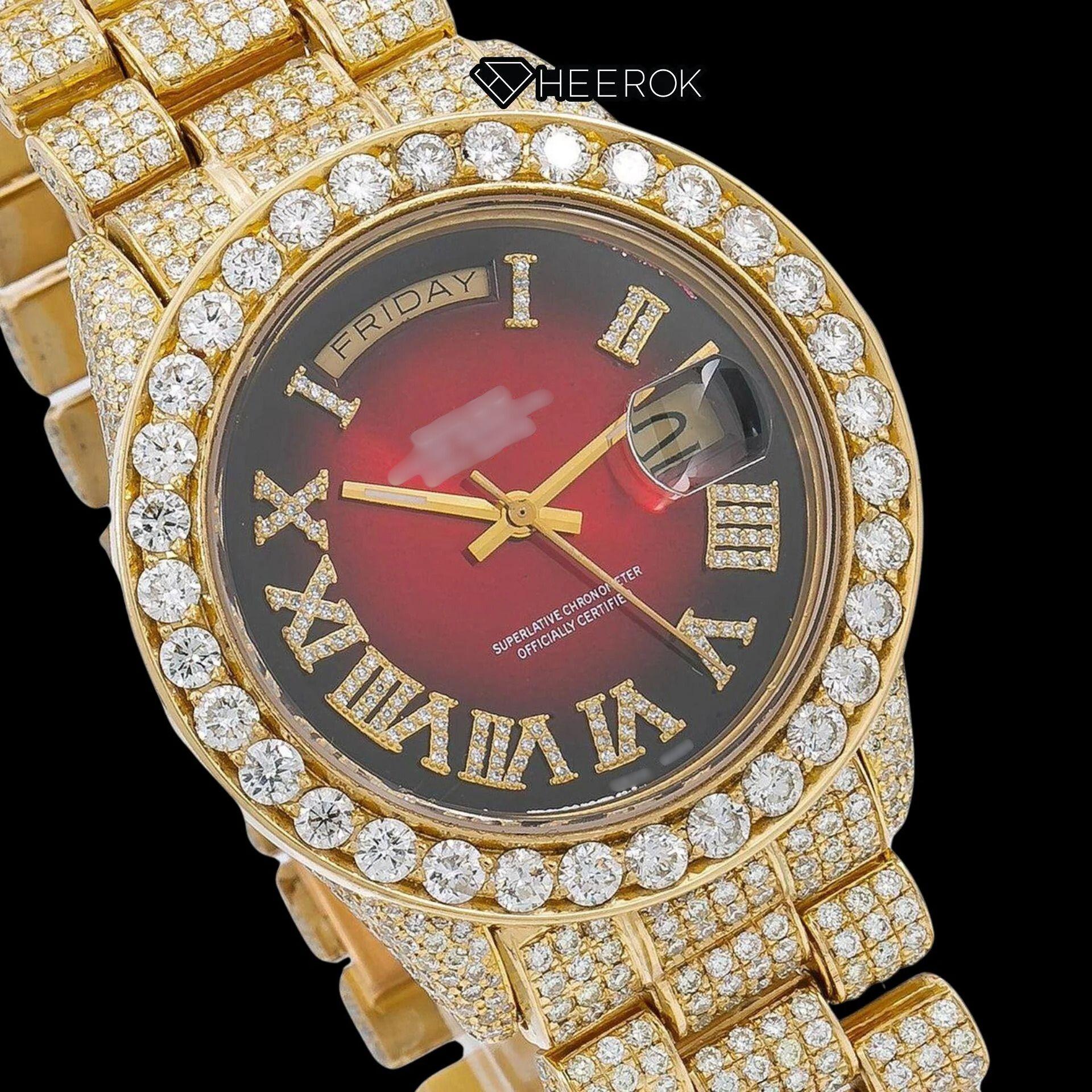 Rolex Day-Date Red Dial Roman Diamond Numerals Diamond Bezel Yellow Gold Fully Iced Moissanite Diamond President Bracelet For Women