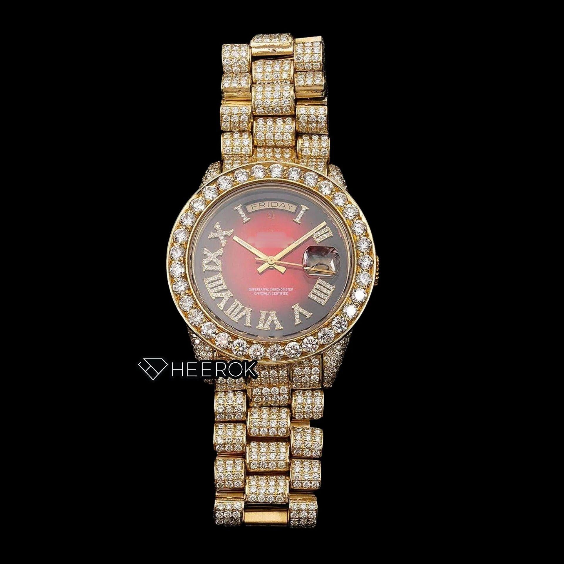 Rolex Day-Date Red Dial Roman Diamond Numerals Diamond Bezel Yellow Gold Fully Iced Moissanite Diamond President Bracelet For Women