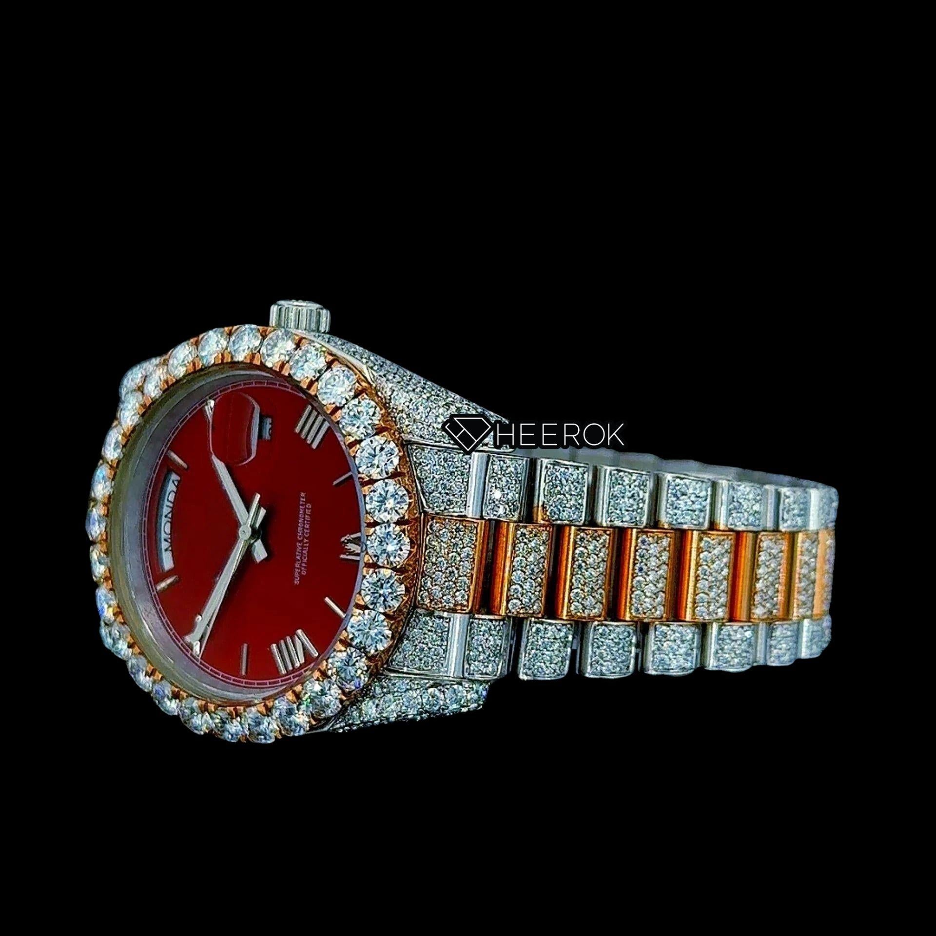 Rolex Day-Date Red Dial Roman Stick Markers Diamond Bezel Two Tone Yellow Gold Moissanite Diamond President Bracelet For Women