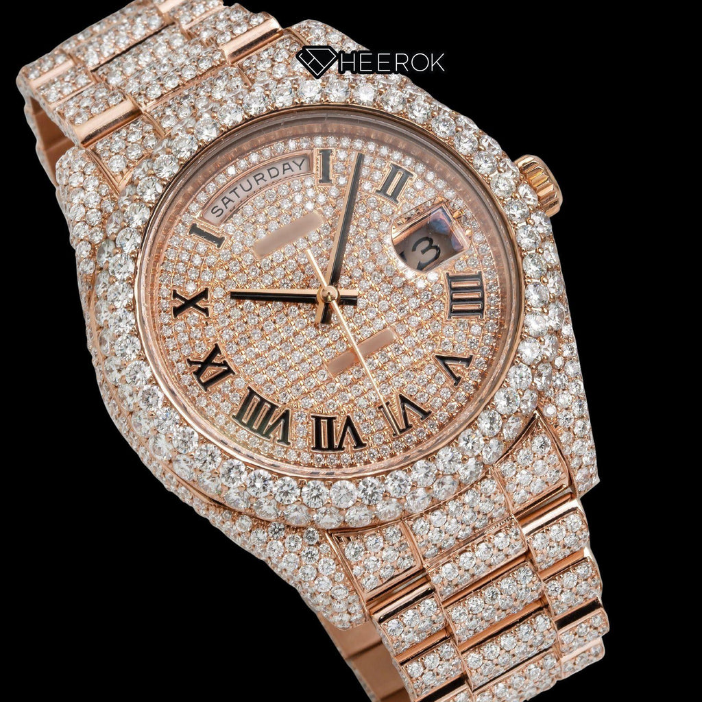 Rolex Day-Date Rose Gold Dial Roman Numerals Diamond Bezel Fully Iced Rose Gold Moissanite Diamond President Bracelet Watch