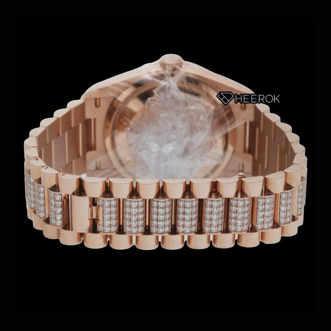 Rolex Day-Date Rose Gold Diamond Pave Dial Multicolor Baguette Markers Diamond Bezel Moissanite Diamond President Bracelet For Women