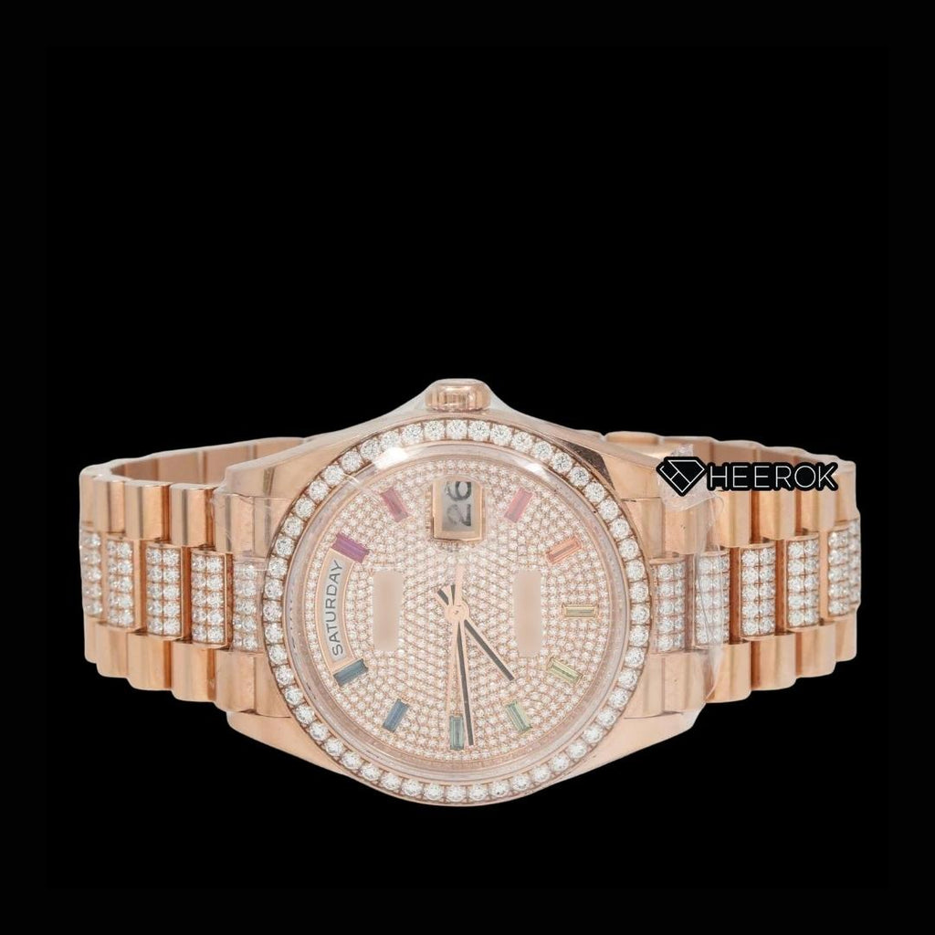 Rolex Day-Date Rose Gold Diamond Pave Dial Multicolor Baguette Markers Diamond Bezel Moissanite Diamond President Bracelet For Women