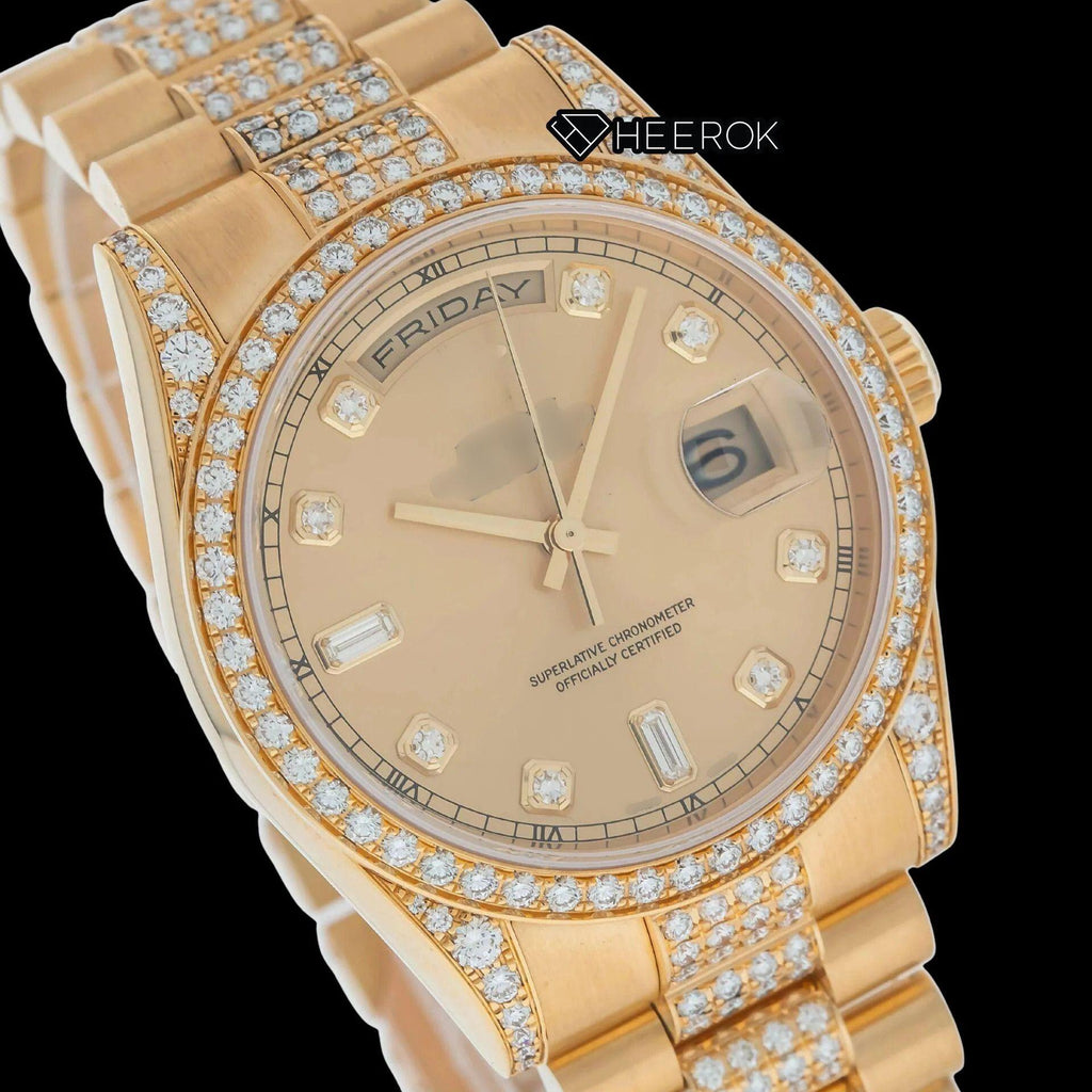 Rolex Day-Date Yellow Dial Diamond Markers Diamond Bezel Yellow Gold Semi Iced Moissanite Diamond President Bracelet Watch For Women