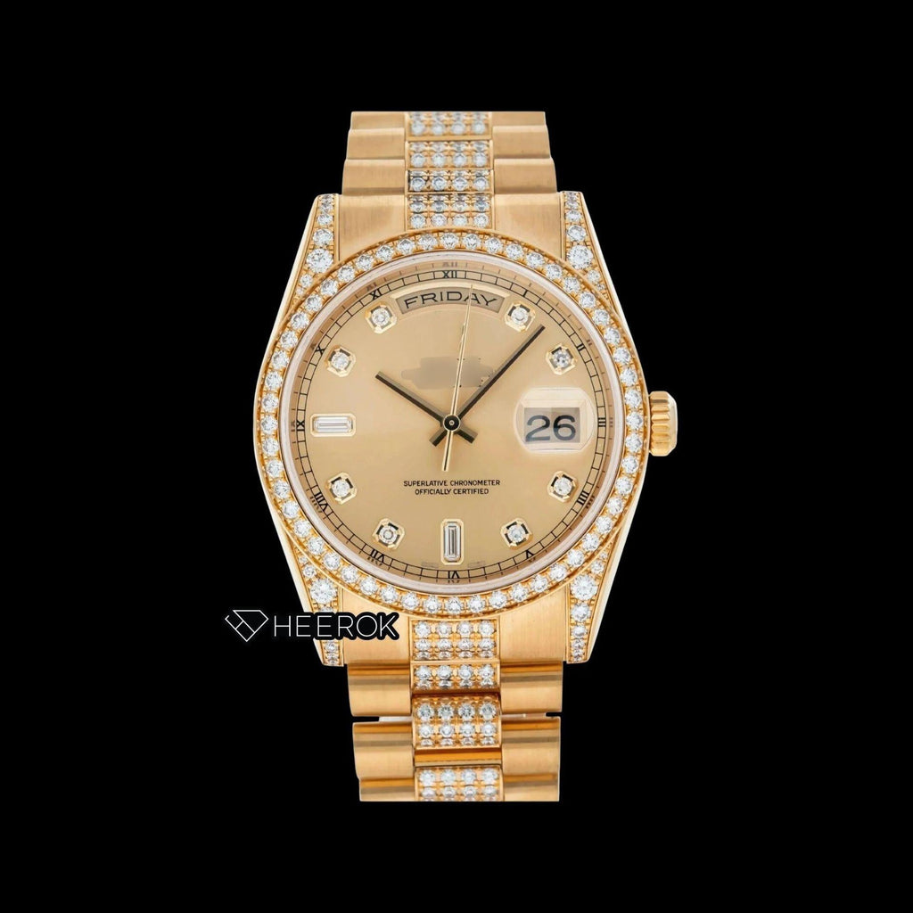 Rolex Day-Date Yellow Dial Diamond Markers Diamond Bezel Yellow Gold Semi Iced Moissanite Diamond President Bracelet Watch For Women