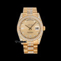 Rolex Day-Date Yellow Dial Diamond Markers Diamond Bezel Yellow Gold Semi Iced Moissanite Diamond President Bracelet Watch For Women