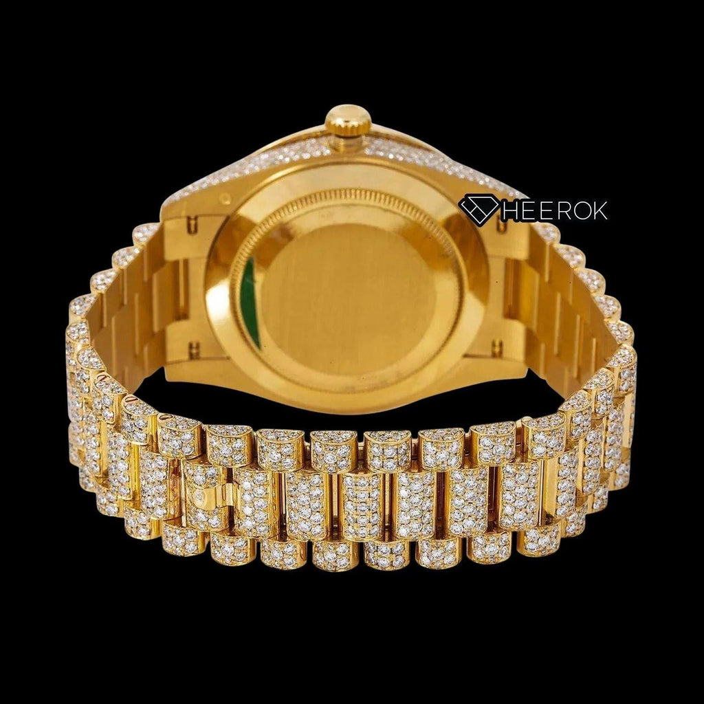 Rolex Day-Date Yellow Dial Roman Diamond Numerals Large Round Diamond Bezel Yellow Gold Fully Iced Moissanite Diamond President Bracelet
