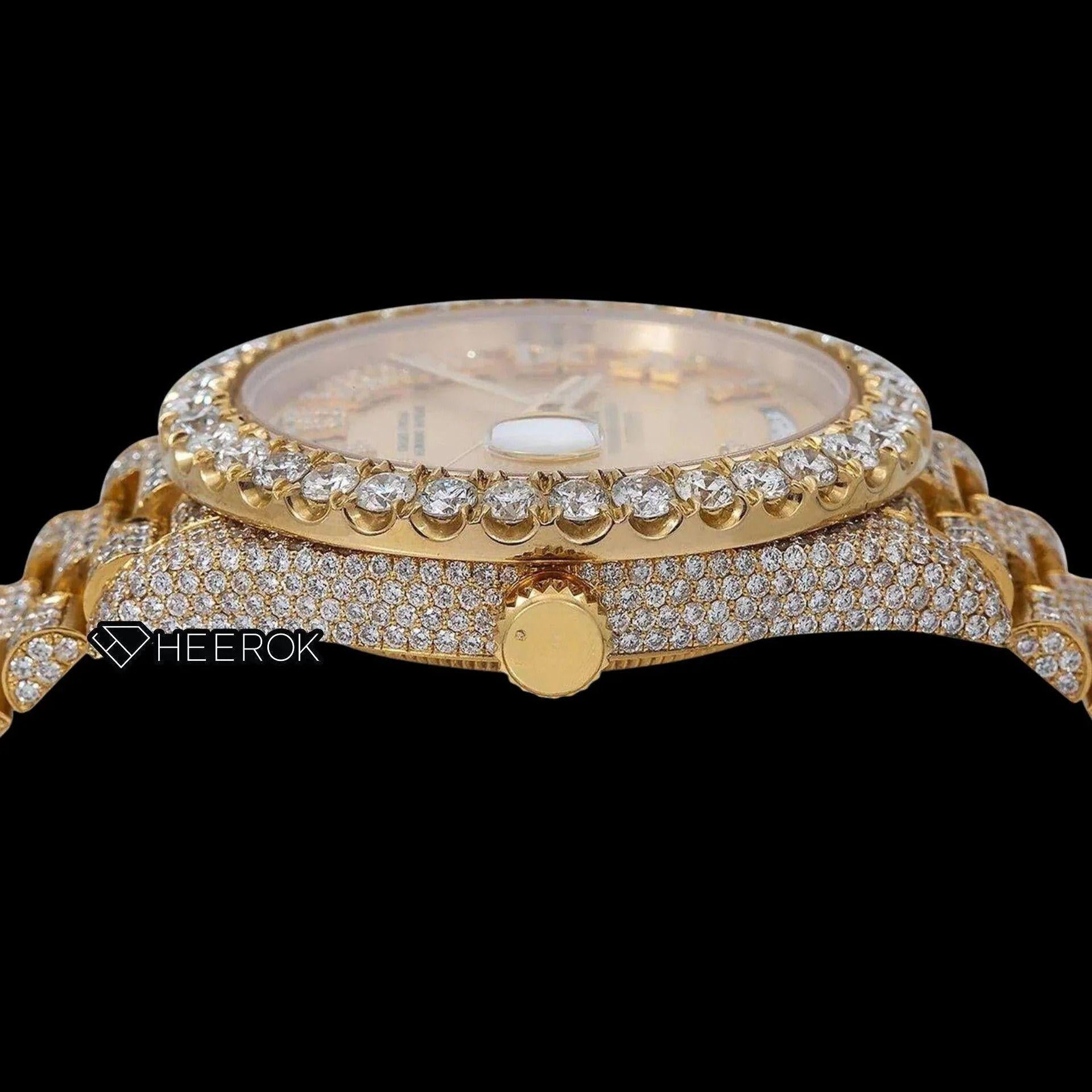 Rolex Day-Date Yellow Dial Roman Diamond Numerals Large Round Diamond Bezel Yellow Gold Fully Iced Moissanite Diamond President Bracelet
