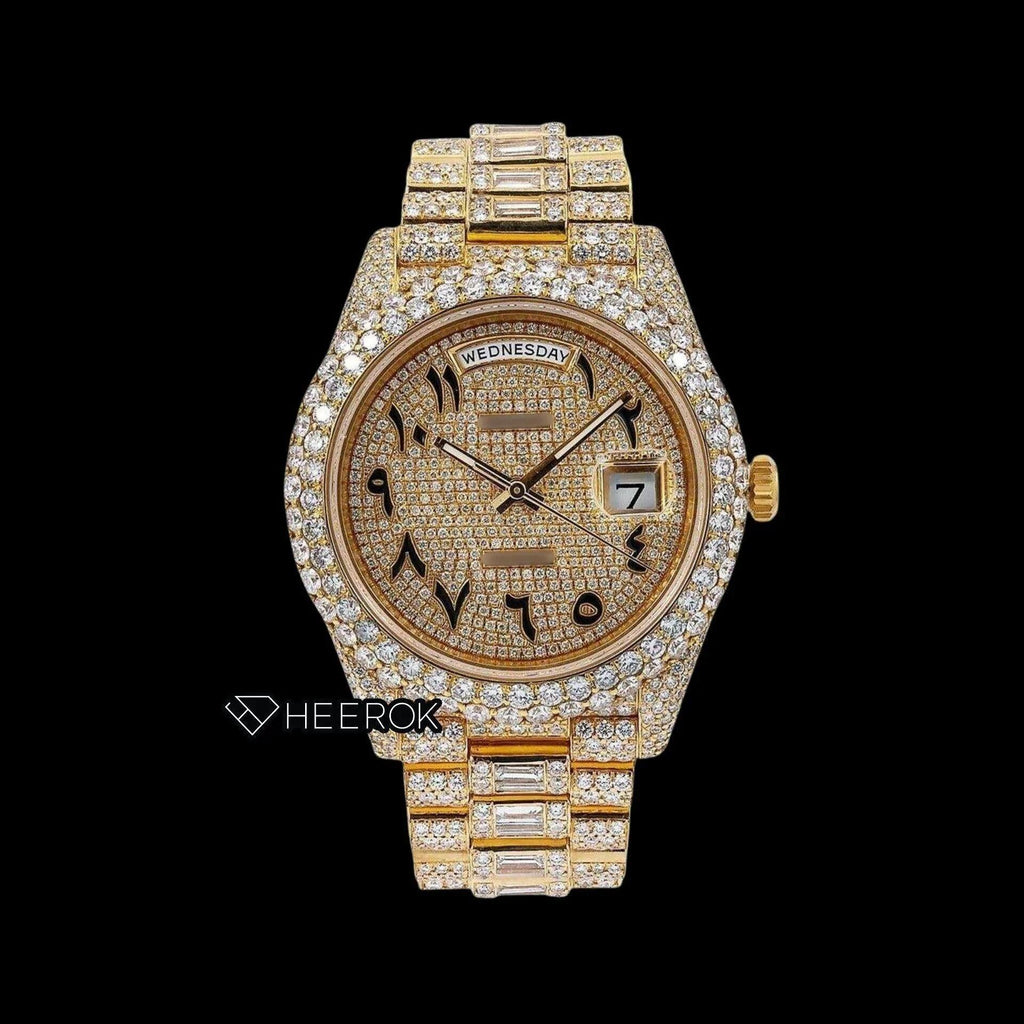 Rolex Day-Date Yellow Gold Dial Arabic Numerals Diamond Bezel Yellow Gold Fully Iced Moissanite Diamond President Bracelet