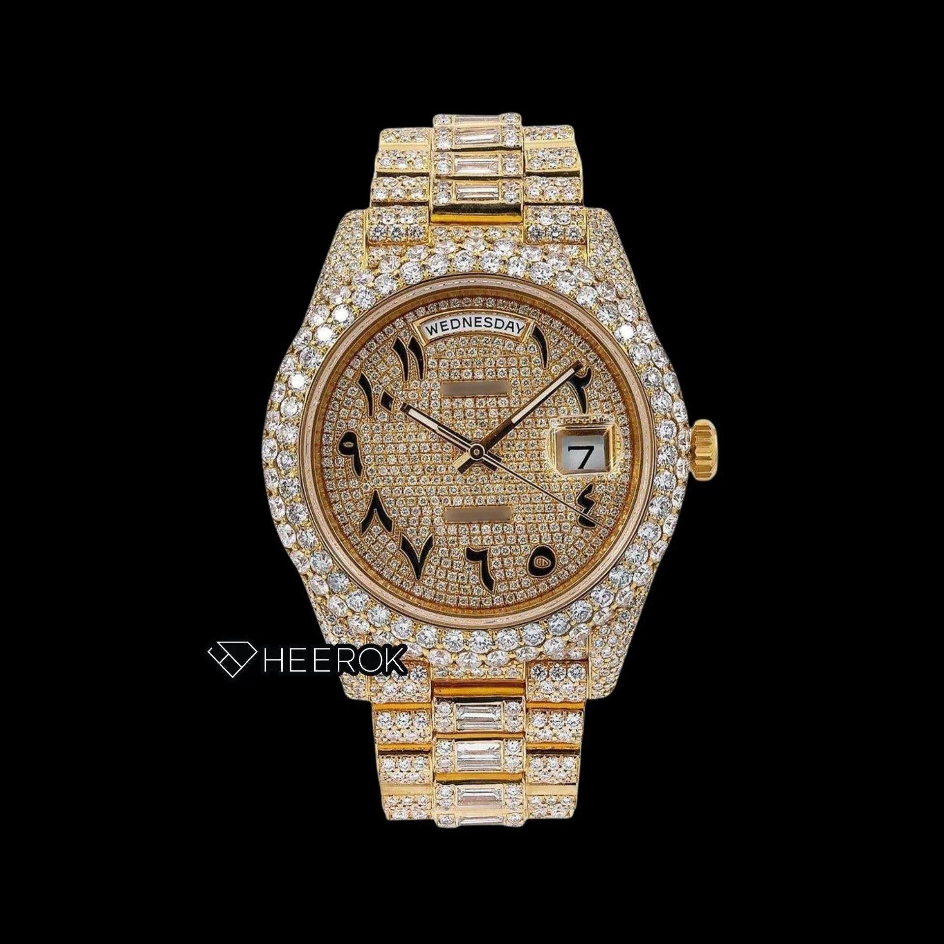 Rolex Day-Date Yellow Gold Dial Arabic Numerals Diamond Bezel Yellow Gold Fully Iced Moissanite Diamond President Bracelet