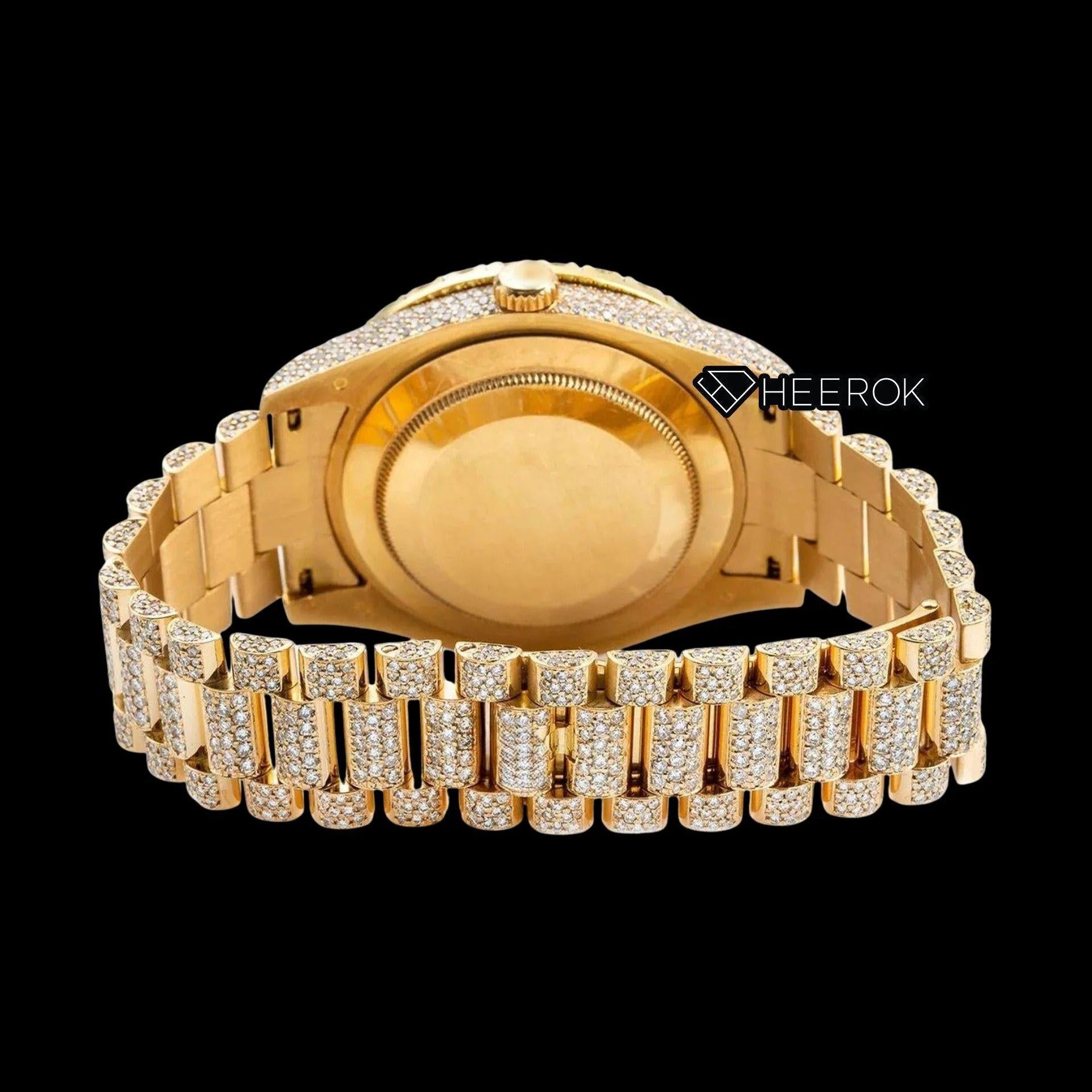 Rolex Day-Date Yellow Paved Dial Red Roman Numerals Large Round Diamond Bezel Yellow Gold Fully Iced Moissanite Diamond President Bracelet Watch