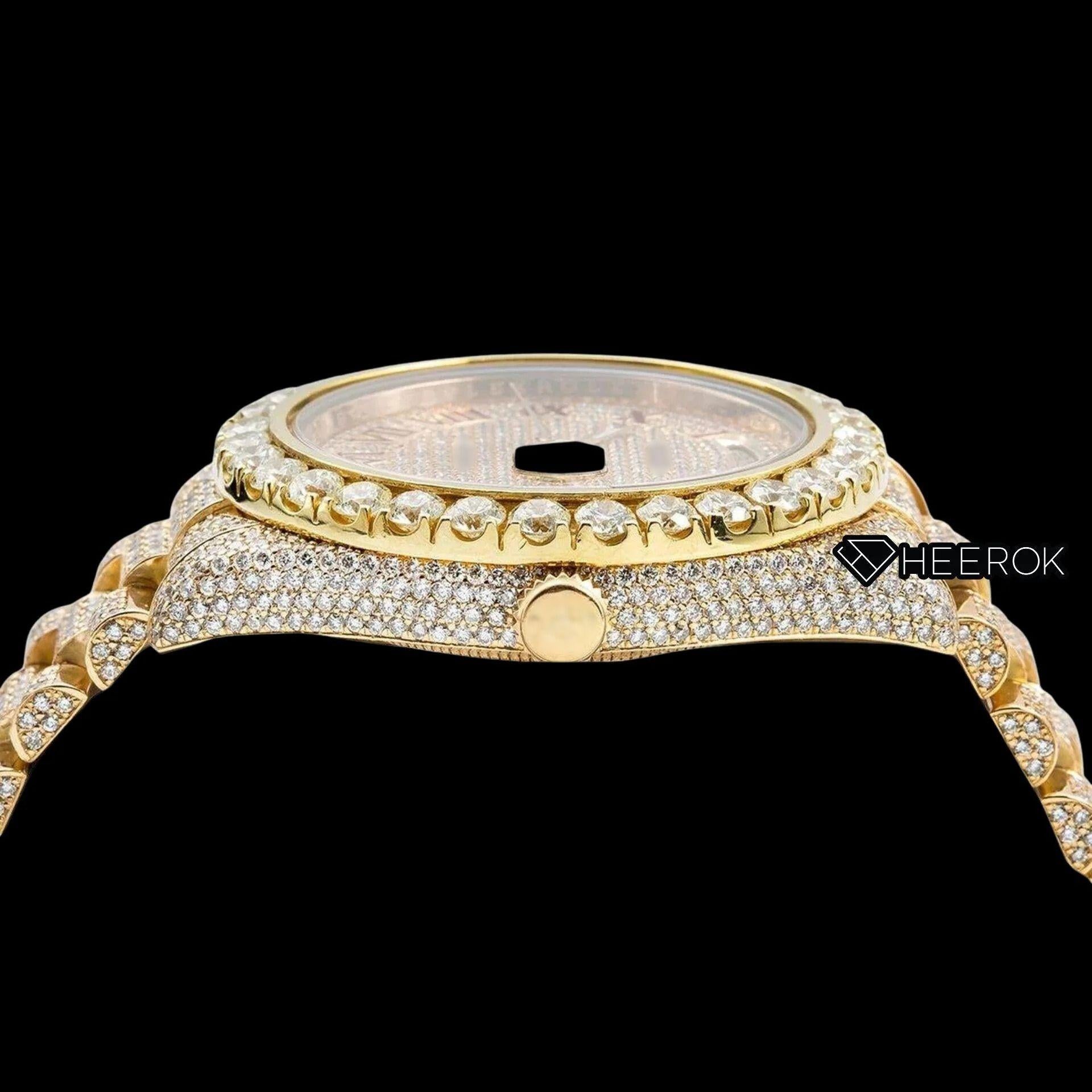 Rolex Day-Date Yellow Paved Dial Red Roman Numerals Large Round Diamond Bezel Yellow Gold Fully Iced Moissanite Diamond President Bracelet Watch