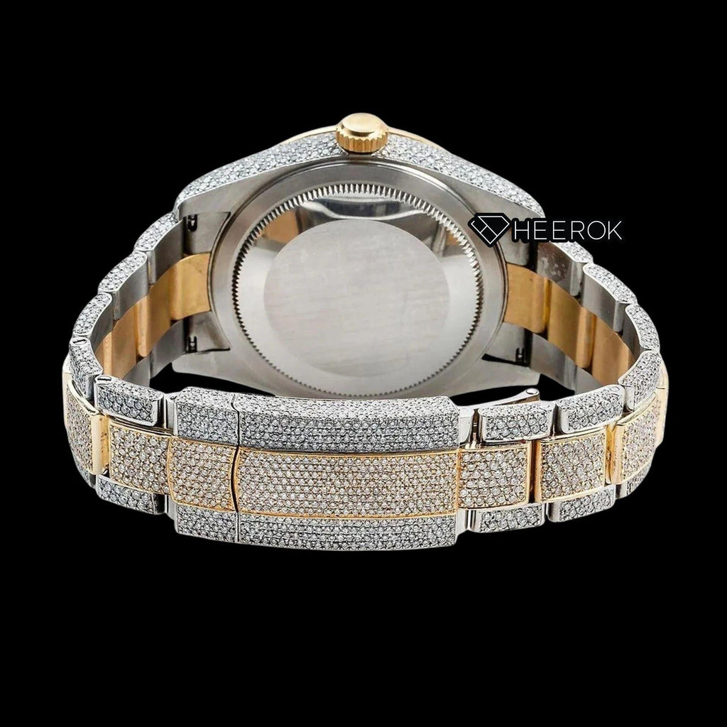 Rolex Sky-Dweller Black Dial Stick Markers Fluted Bezel Two Tone Yellow Gold Fully Iced Moissanite Diamond Oyster Bracelet Watch