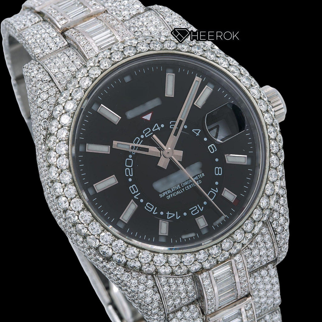 Rolex Sky-Dweller Black Dial White Stick Markers Diamond Bezel Bust Down Moissanite Diamond Baguette Oyster Bracelet Watch