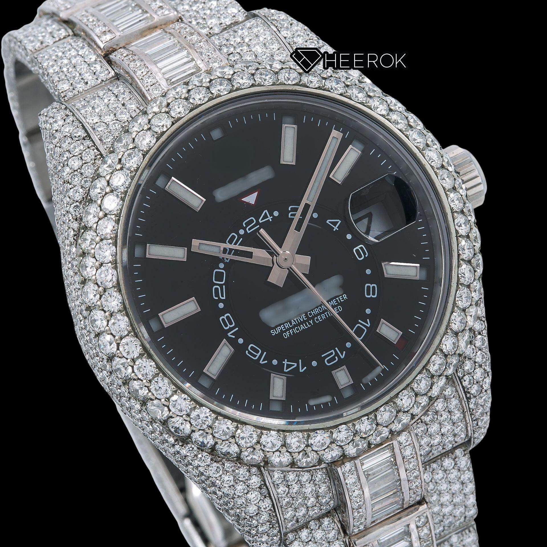 Rolex Sky-Dweller Black Dial White Stick Markers Diamond Bezel Bust Down Moissanite Diamond Baguette Oyster Bracelet Watch