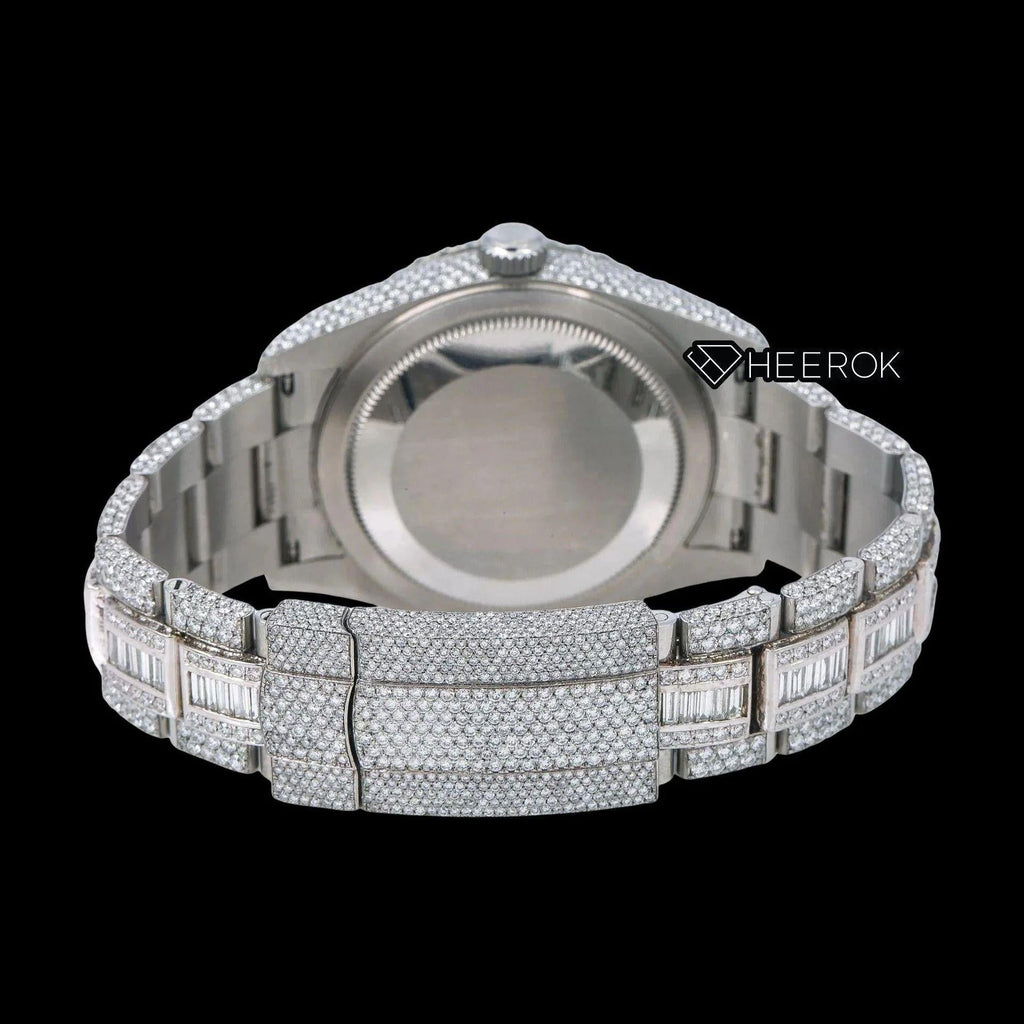 Rolex Sky-Dweller Black Dial White Stick Markers Diamond Bezel Bust Down Moissanite Diamond Baguette Oyster Bracelet Watch