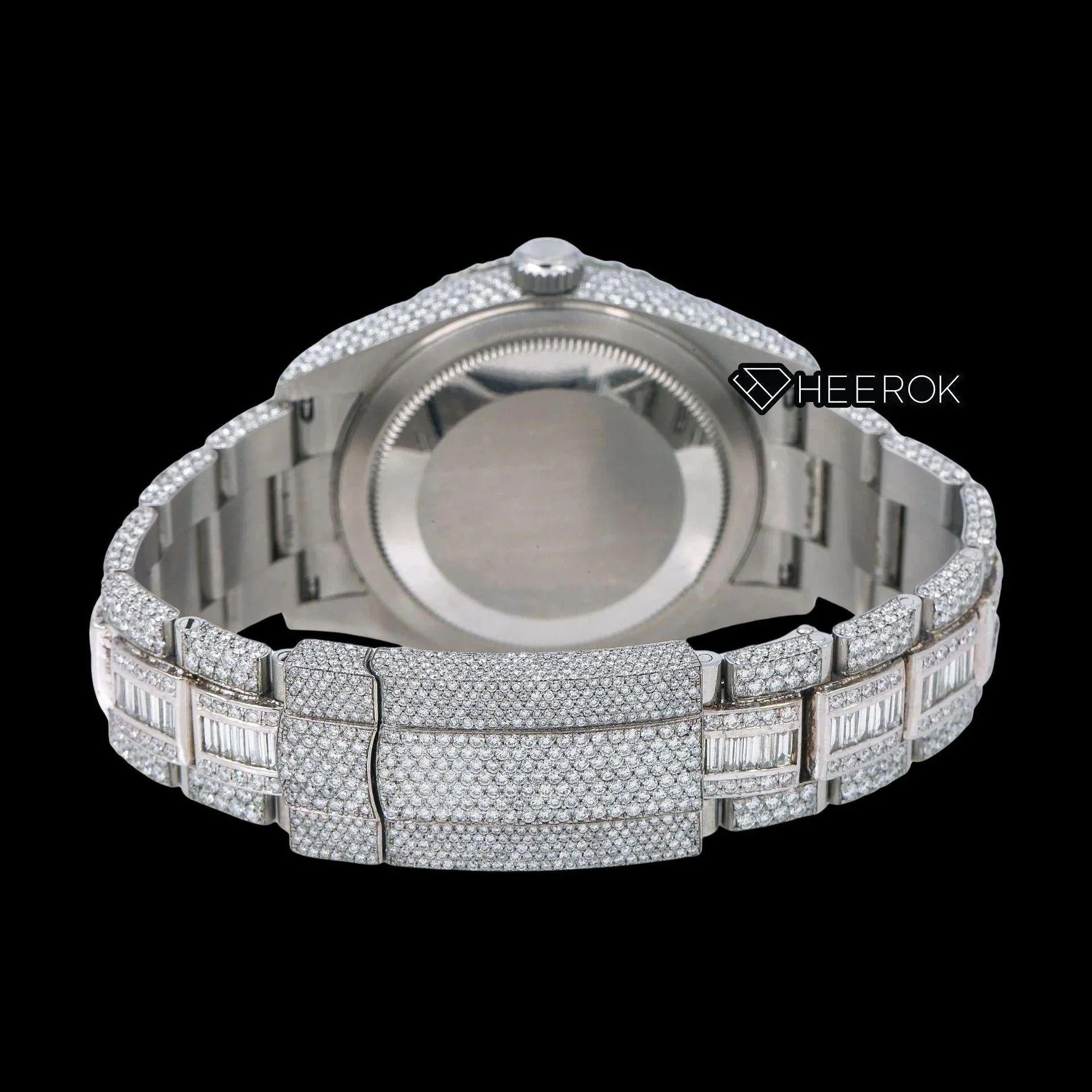 Rolex Sky-Dweller Black Dial White Stick Markers Diamond Bezel Bust Down Moissanite Diamond Baguette Oyster Bracelet Watch