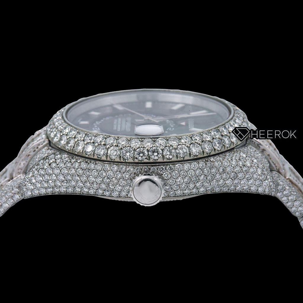 Rolex Sky-Dweller Black Dial White Stick Markers Diamond Bezel Bust Down Moissanite Diamond Baguette Oyster Bracelet Watch