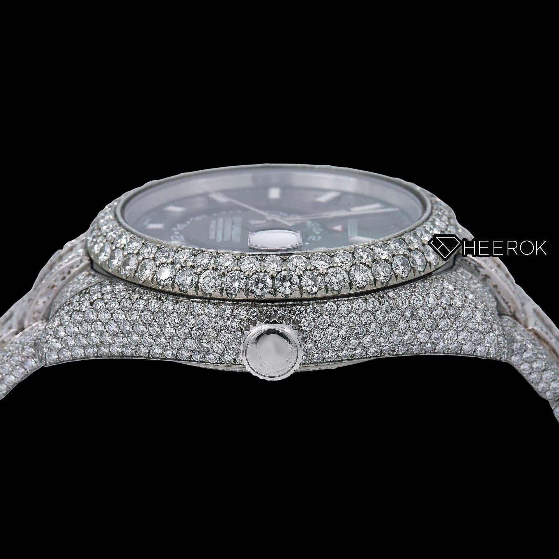 Rolex Sky-Dweller Black Dial White Stick Markers Diamond Bezel Bust Down Moissanite Diamond Baguette Oyster Bracelet Watch