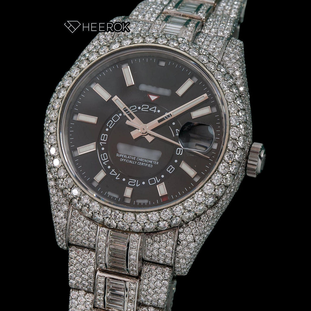 Rolex Sky-Dweller Black Dial White Stick Markers Diamond Bezel Bust Down Moissanite Diamond Baguette Oyster Bracelet Watch