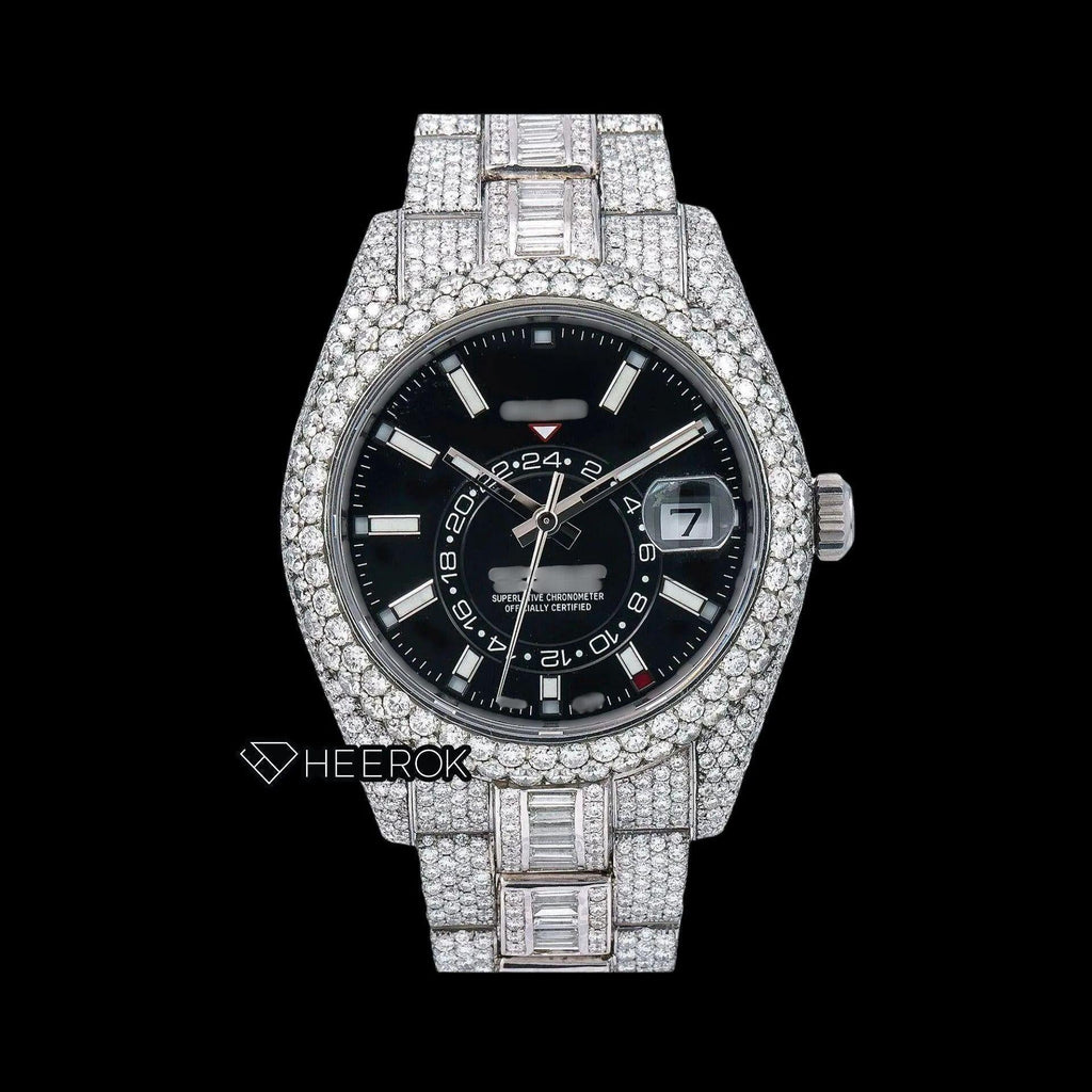 Rolex Sky-Dweller Black Dial White Stick Markers Diamond Bezel Bust Down Moissanite Diamond Baguette Oyster Bracelet Watch