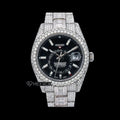 Rolex Sky-Dweller Black Dial White Stick Markers Diamond Bezel Bust Down Moissanite Diamond Baguette Oyster Bracelet Watch