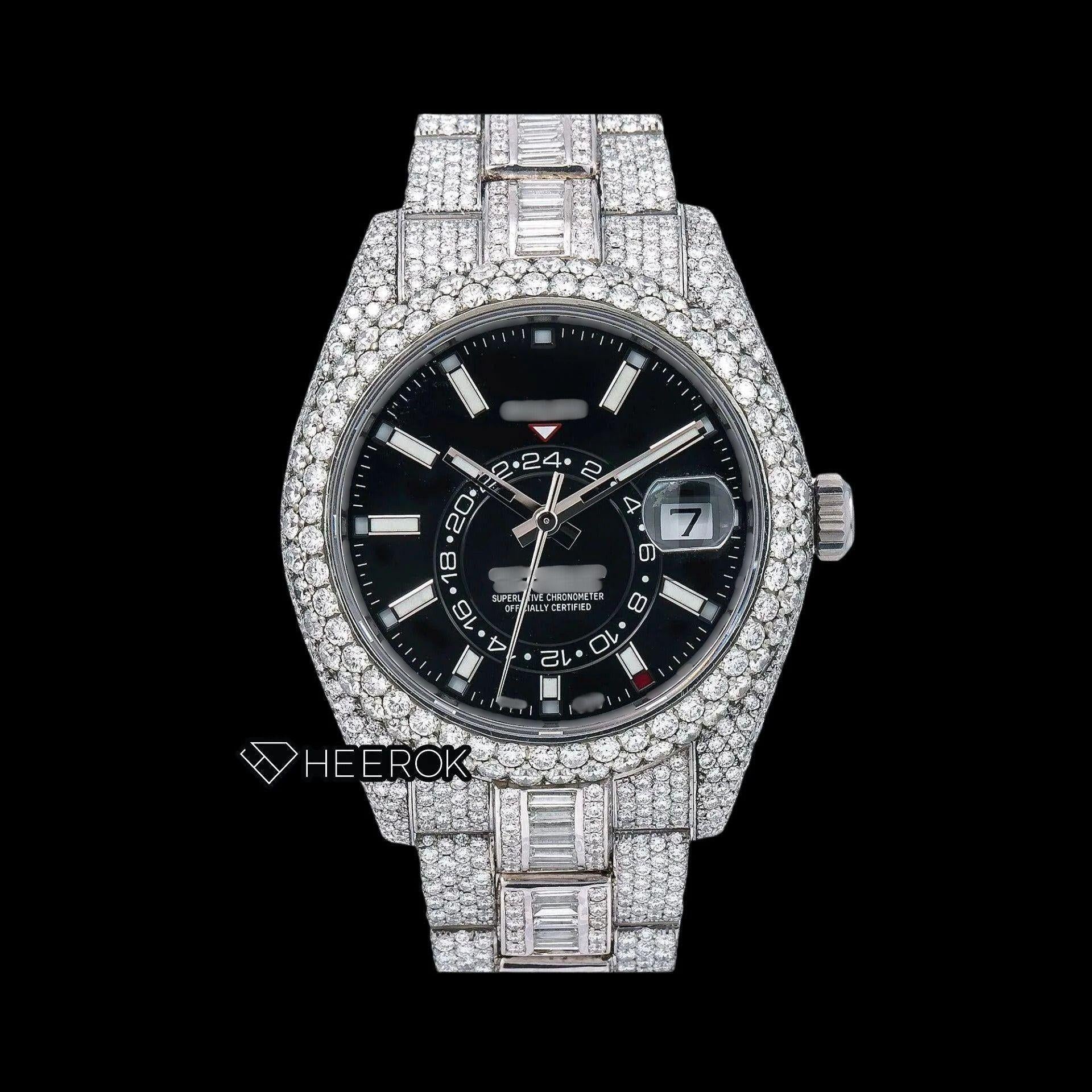 Rolex Sky-Dweller Black Dial White Stick Markers Diamond Bezel Bust Down Moissanite Diamond Baguette Oyster Bracelet Watch