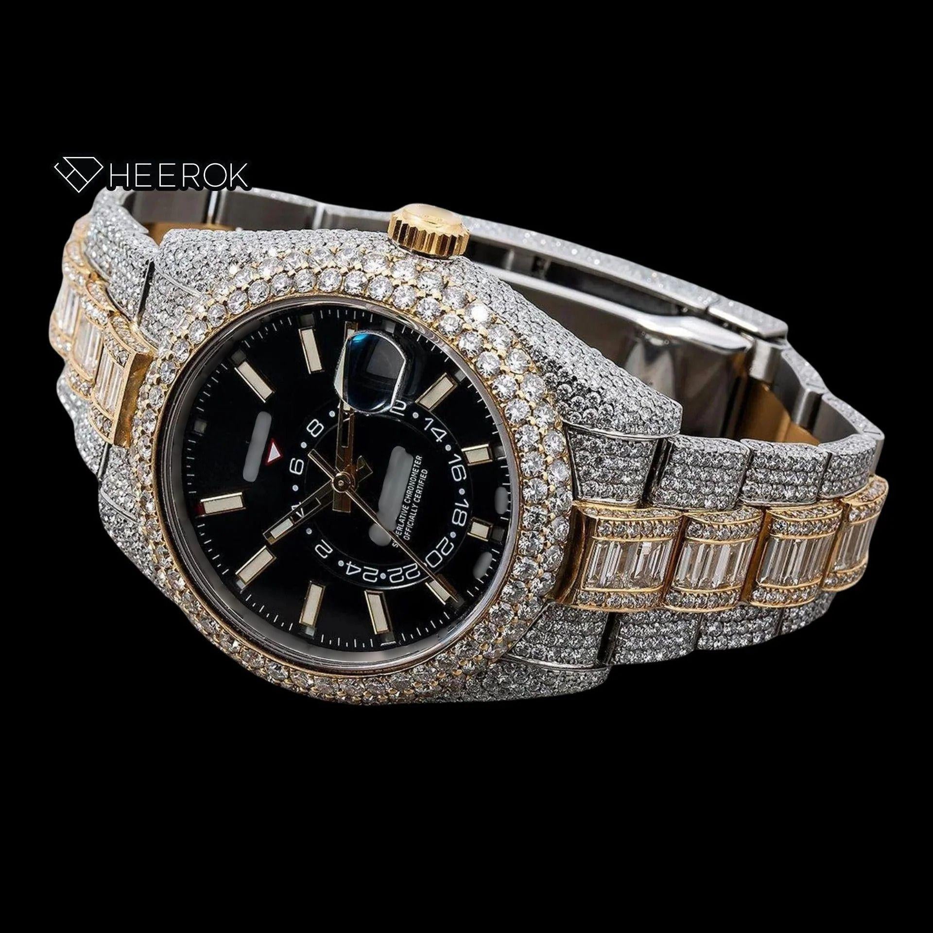 Rolex Sky-Dweller Black Dial White Stick Markers Diamond Bezel Two Tone Yellow Gold Fully Iced Moissanite Diamond Baguette Oyster Bracelet