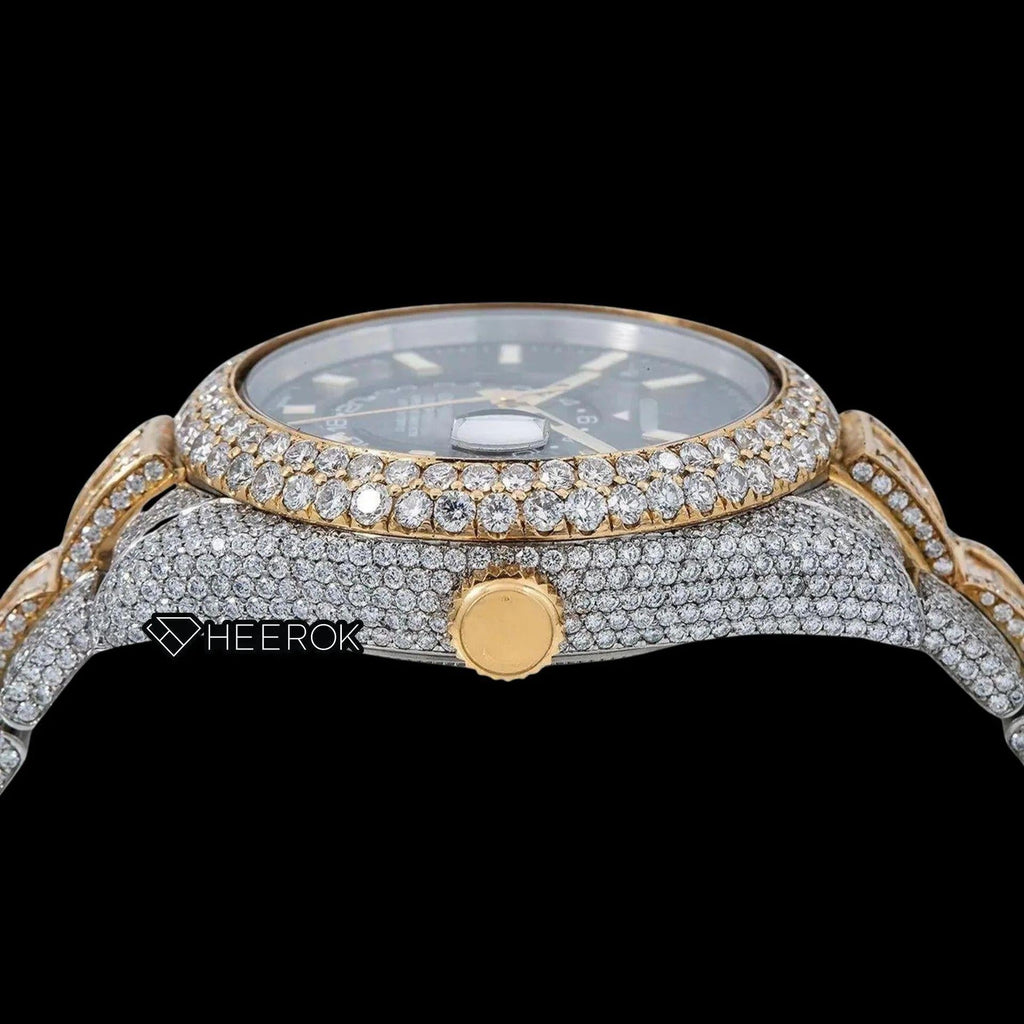 Rolex Sky-Dweller Black Dial White Stick Markers Diamond Bezel Two Tone Yellow Gold Fully Iced Moissanite Diamond Baguette Oyster Bracelet