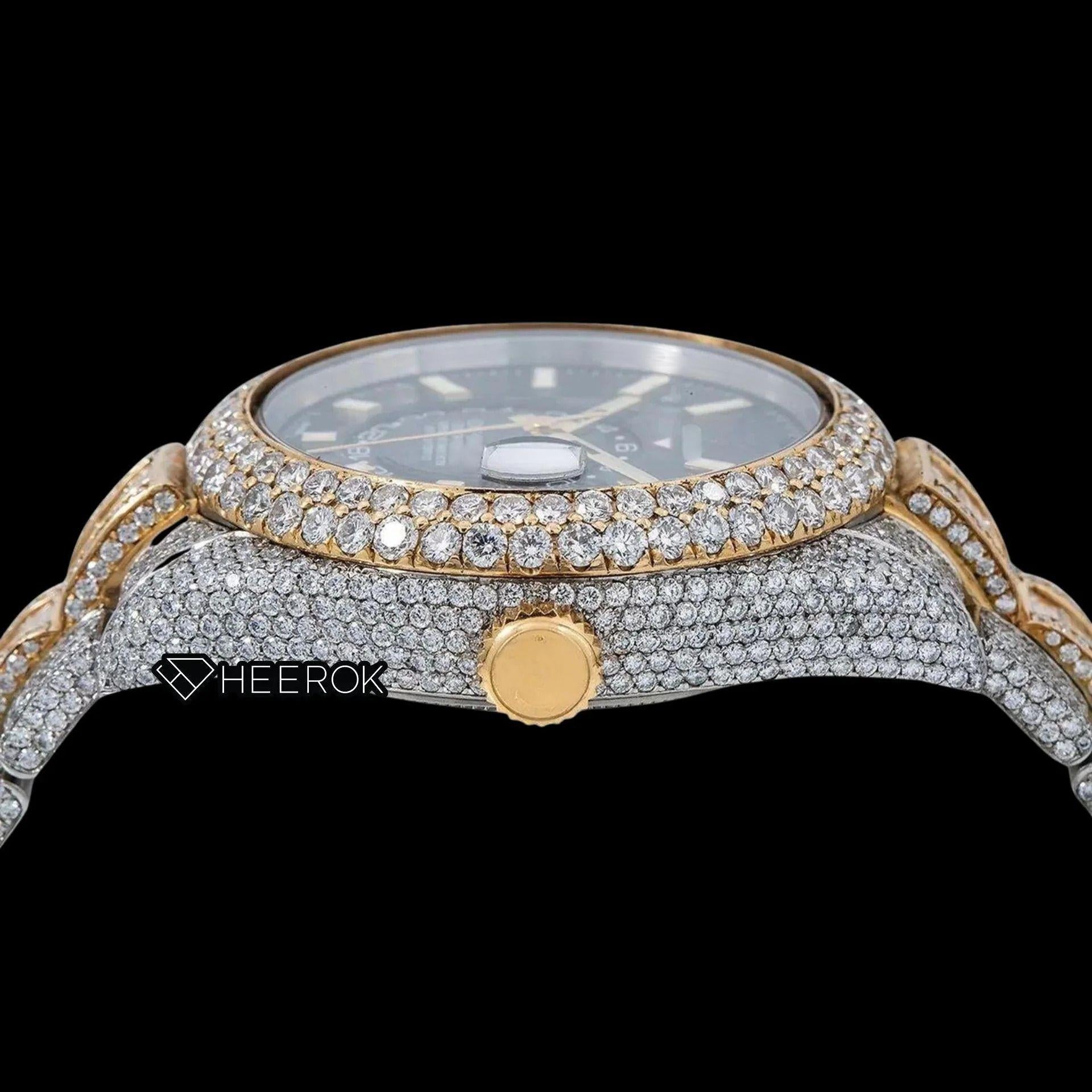 Rolex Sky-Dweller Black Dial White Stick Markers Diamond Bezel Two Tone Yellow Gold Fully Iced Moissanite Diamond Baguette Oyster Bracelet