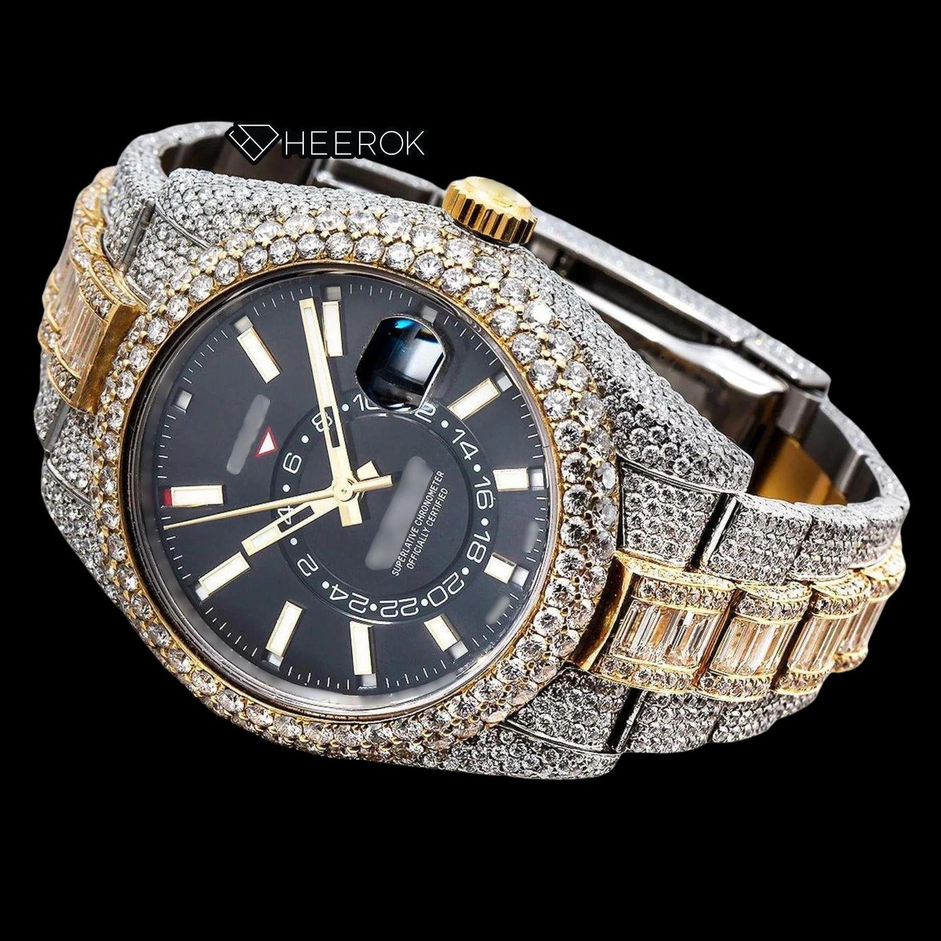 Rolex Sky-Dweller Black Dial White Stick Markers Diamond Bezel Two Tone Yellow Gold Fully Iced Moissanite Diamond Baguette Oyster Bracelet