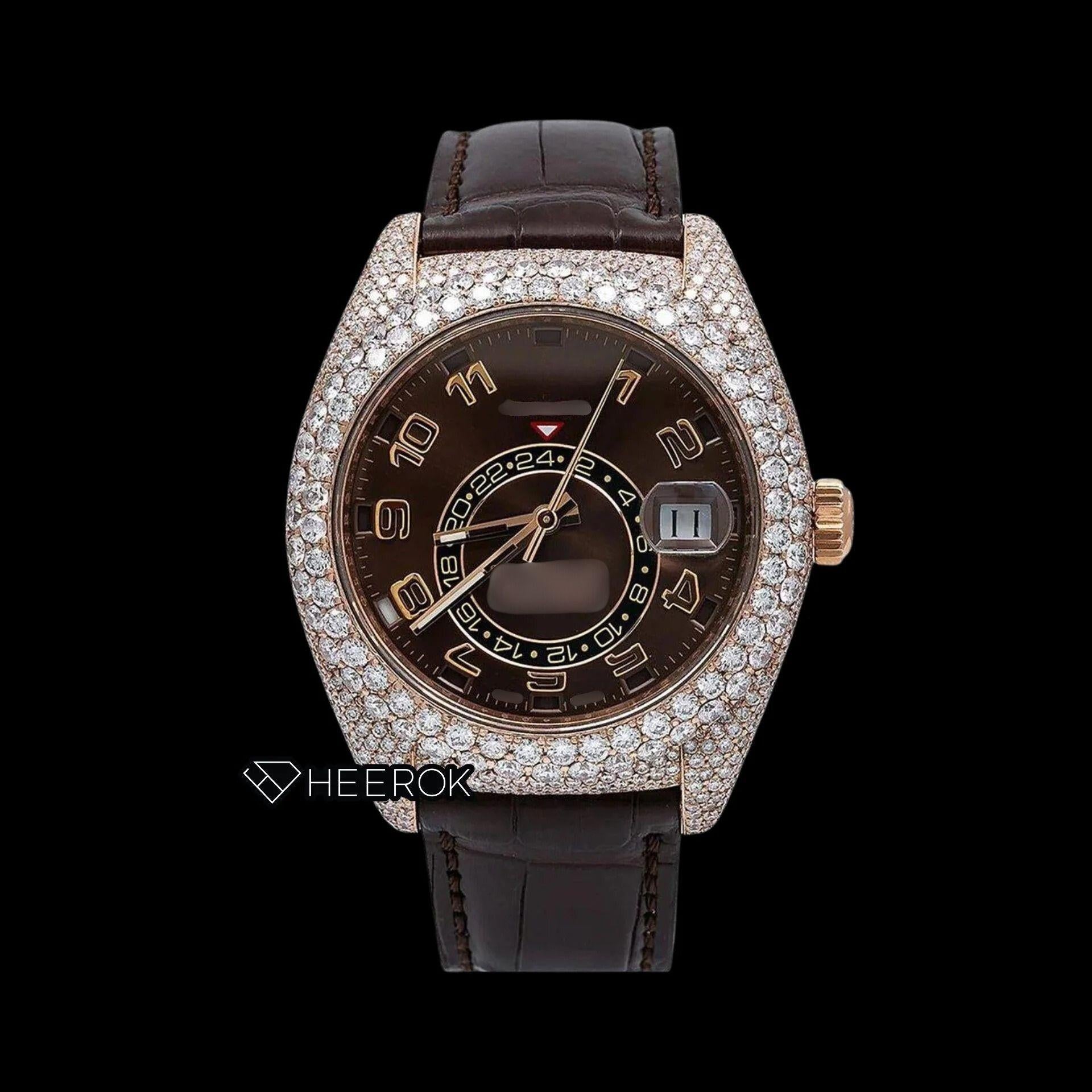 Rolex Sky-Dweller Brown Dial Standard Numerals Diamond Bezel Moissanite Diamond Brown Leather Strap Watch