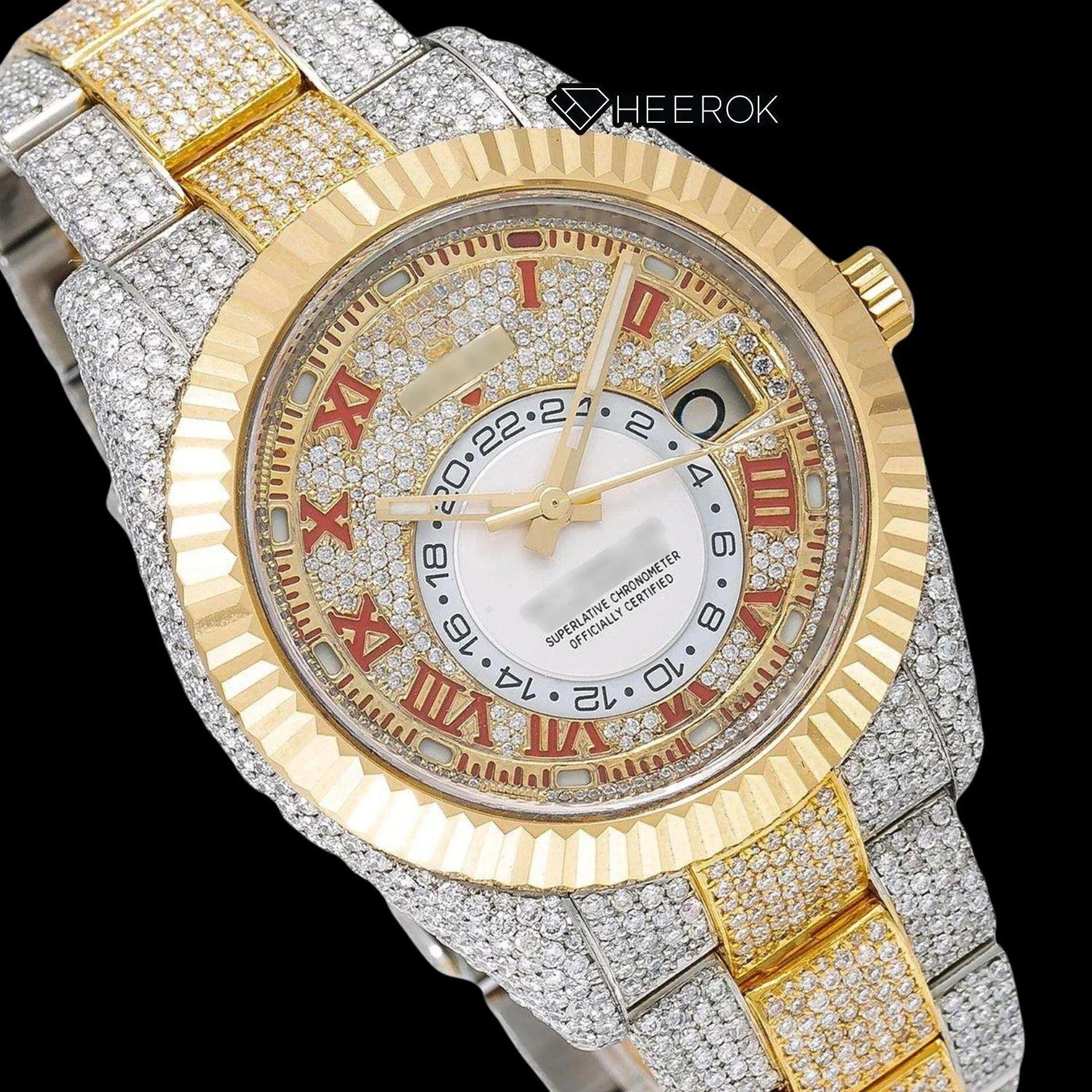 Rolex Sky-Dweller Diamond Paved Yellow Gold Dial Red Roman Numerals Fluted Bezel Two Tone Yellow Gold Fully Iced Moissanite Diamond Oyster Bracelet