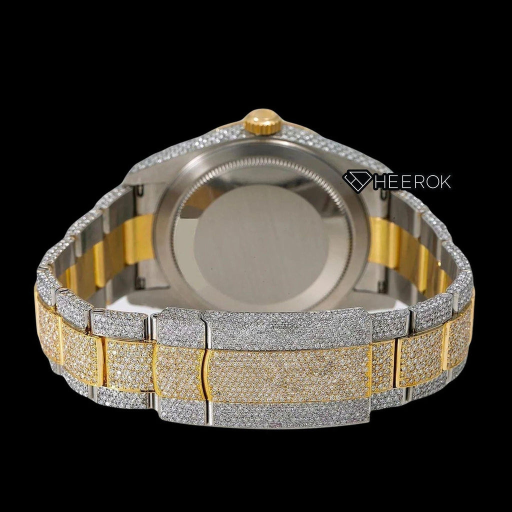 Rolex Sky-Dweller Diamond Paved Yellow Gold Dial Red Roman Numerals Fluted Bezel Two Tone Yellow Gold Fully Iced Moissanite Diamond Oyster Bracelet