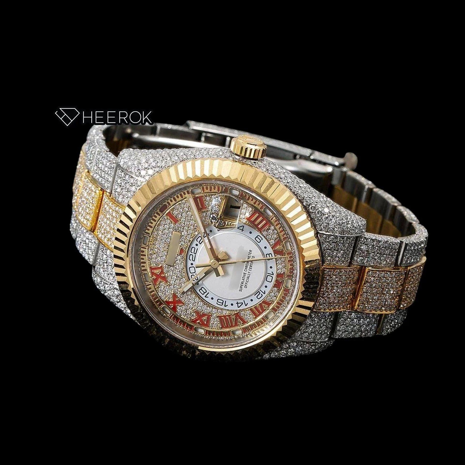 Rolex Sky-Dweller Diamond Paved Yellow Gold Dial Red Roman Numerals Fluted Bezel Two Tone Yellow Gold Fully Iced Moissanite Diamond Oyster Bracelet