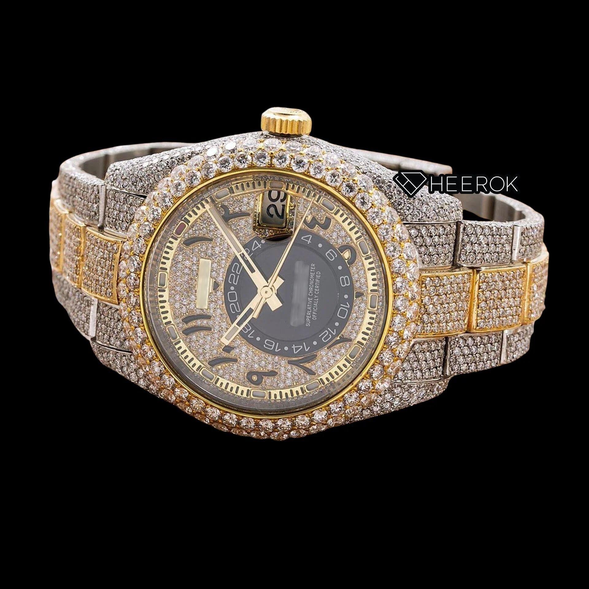 Rolex Sky-Dweller Full Paved Yellow Dial Arabic Numerals Diamond Bezel Two Tone Yellow Gold Bust Down Moissanite Diamond Oyster Bracelet Watch