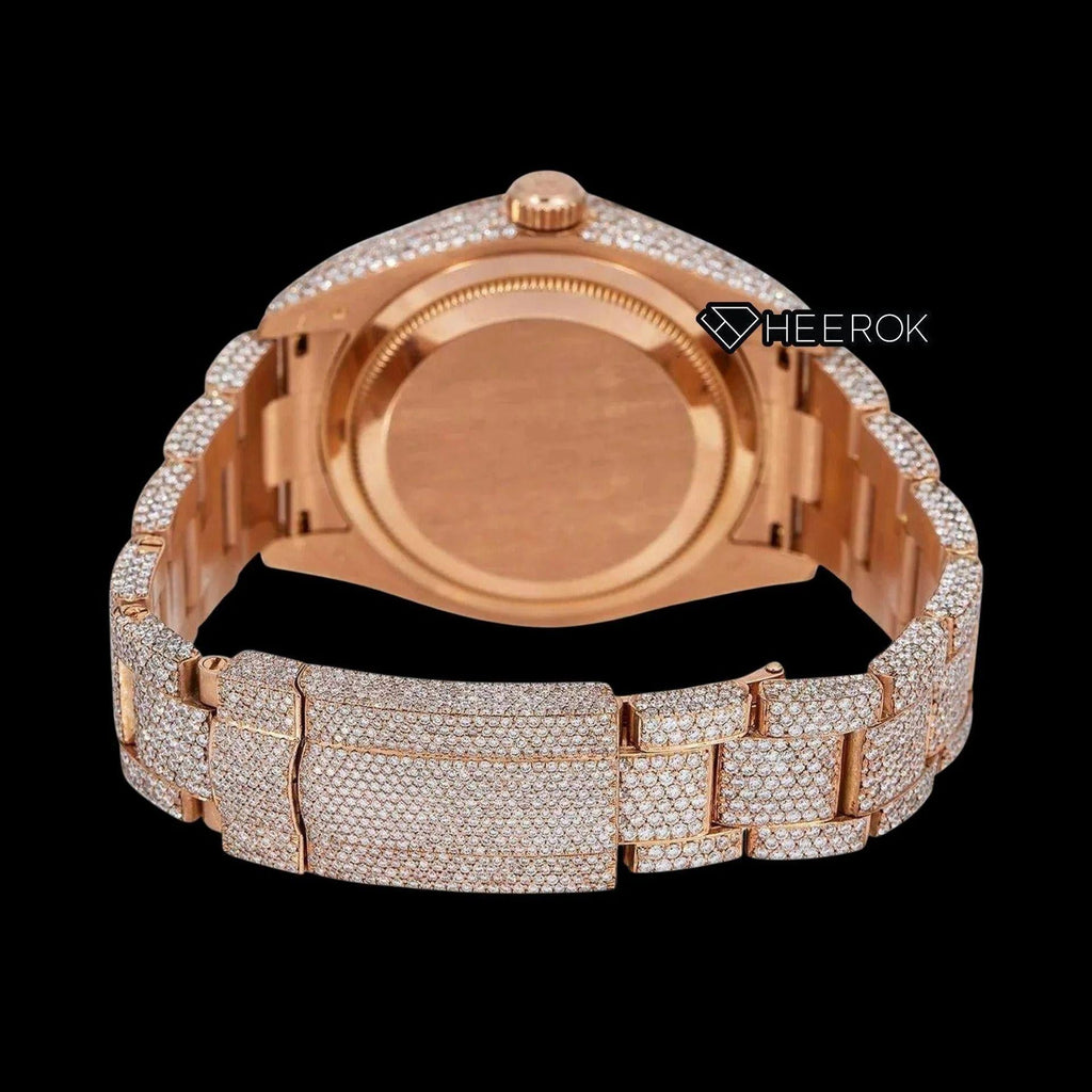 Rolex Sky-Dweller Rose Gold Dial Black Roman Numerals Diamond Bezel Rose Gold Fully Iced Moissanite Diamond Oyster Bracelet