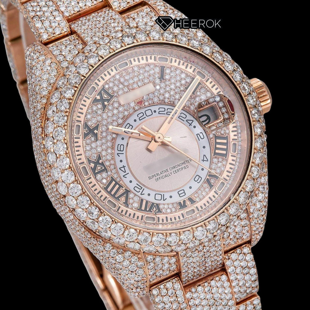 Rolex Sky-Dweller Rose Gold Dial Black Roman Numerals Diamond Bezel Rose Gold Fully Iced Moissanite Diamond Oyster Bracelet