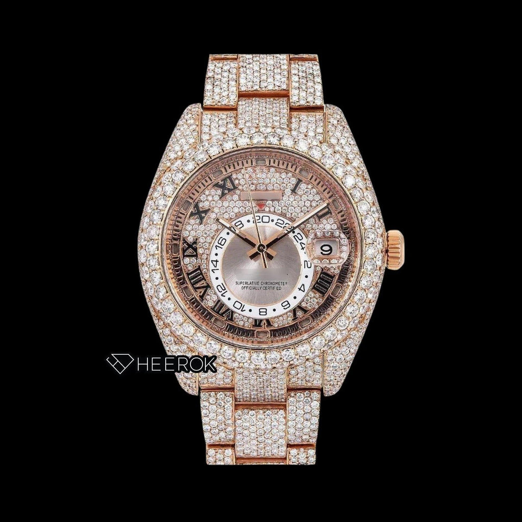 Rolex Sky-Dweller Rose Gold Dial Black Roman Numerals Diamond Bezel Rose Gold Fully Iced Moissanite Diamond Oyster Bracelet