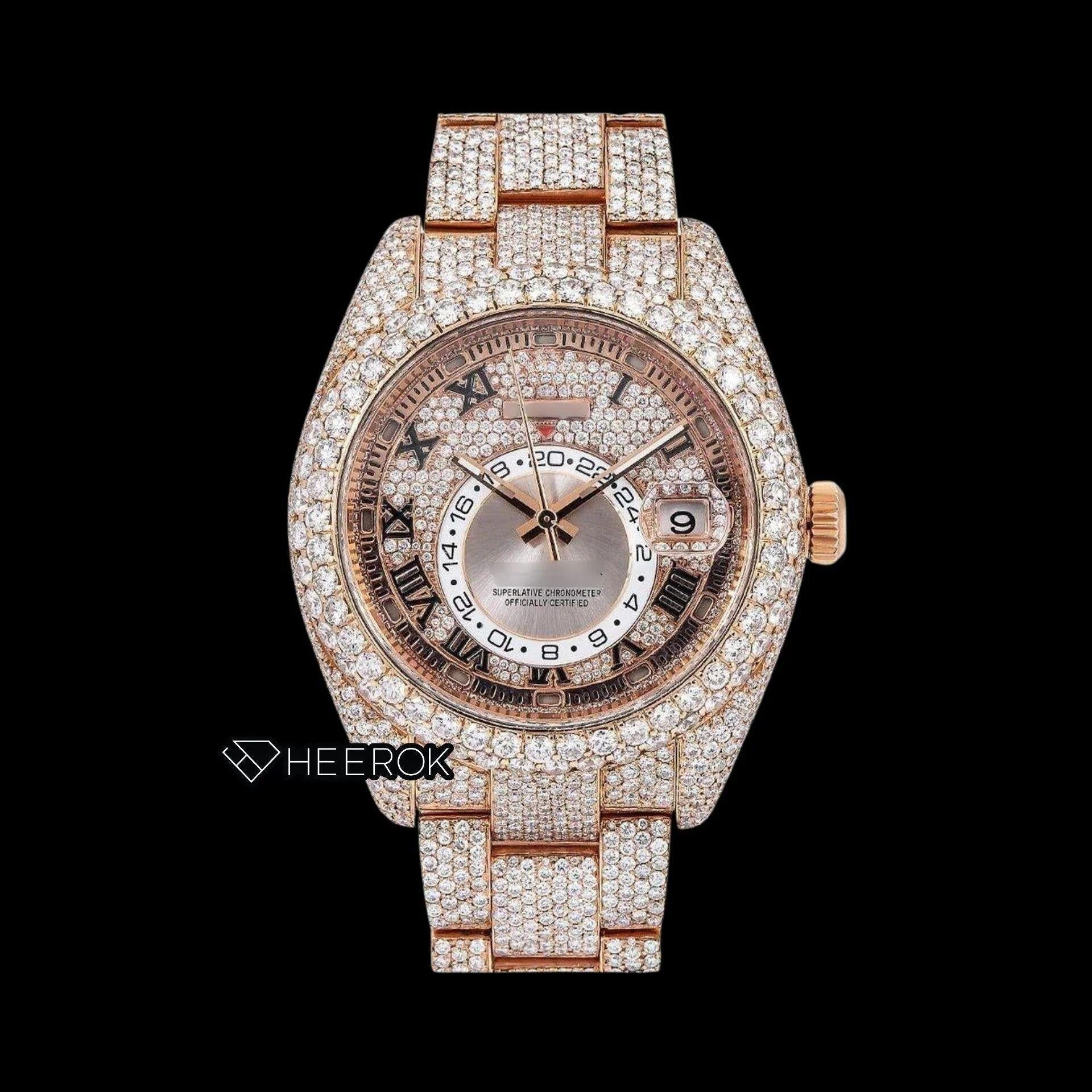 Rolex Sky-Dweller Rose Gold Dial Black Roman Numerals Diamond Bezel Rose Gold Fully Iced Moissanite Diamond Oyster Bracelet