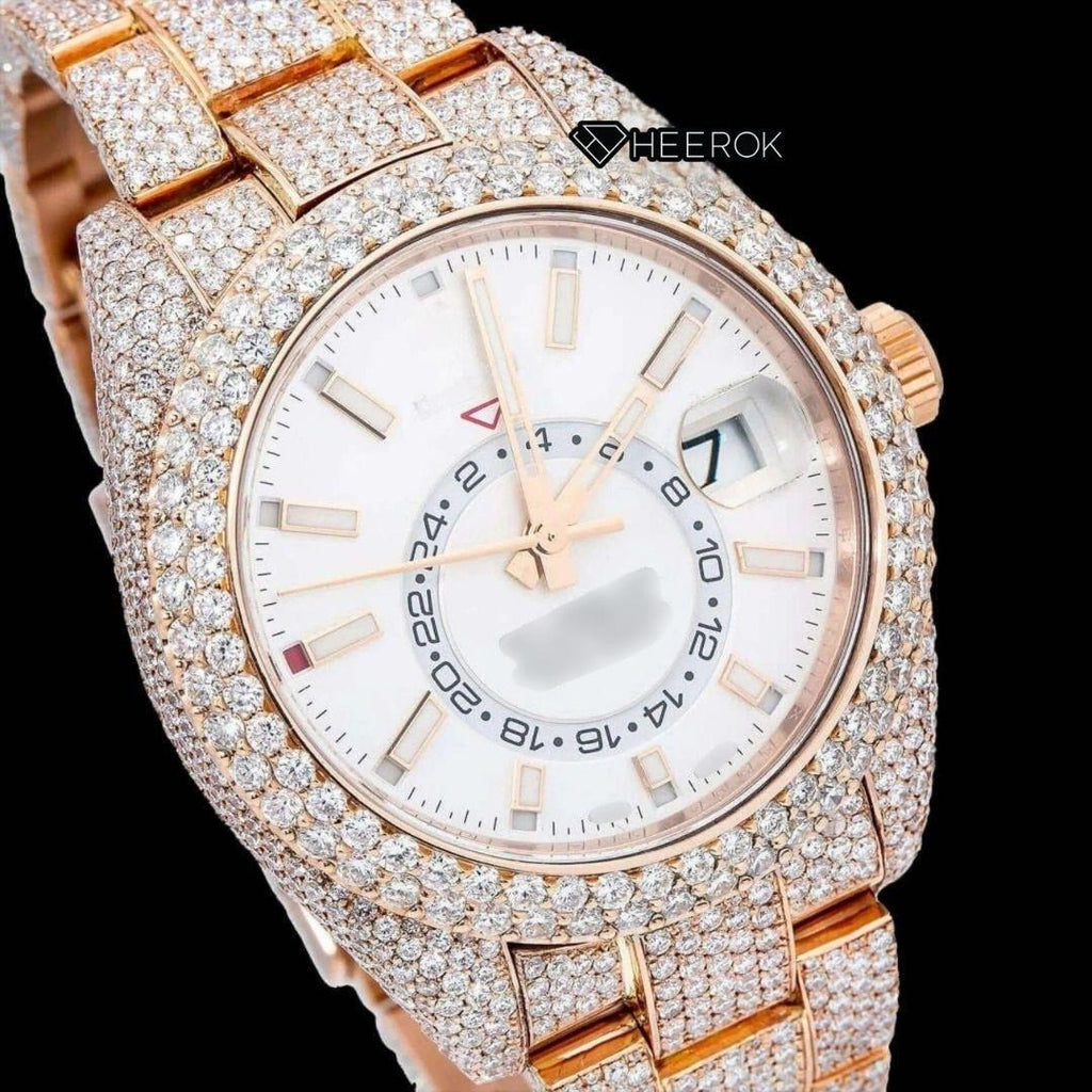 Rolex Sky-Dweller White Dial Stick Markers Diamond Bezel Rose Gold Moissanite Diamond Oyster Bracelet