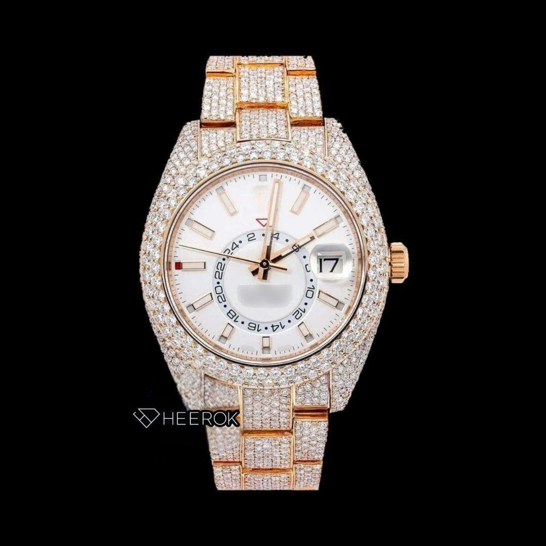 Rolex Sky-Dweller White Dial Stick Markers Diamond Bezel Rose Gold Moissanite Diamond Oyster Bracelet