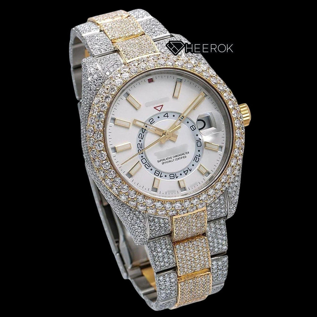 Rolex Sky-Dweller White Dial White Stick Markers Diamond Bezel Two Tone Yellow Gold Fully Iced Moissanite Diamond Oyster Bracelet