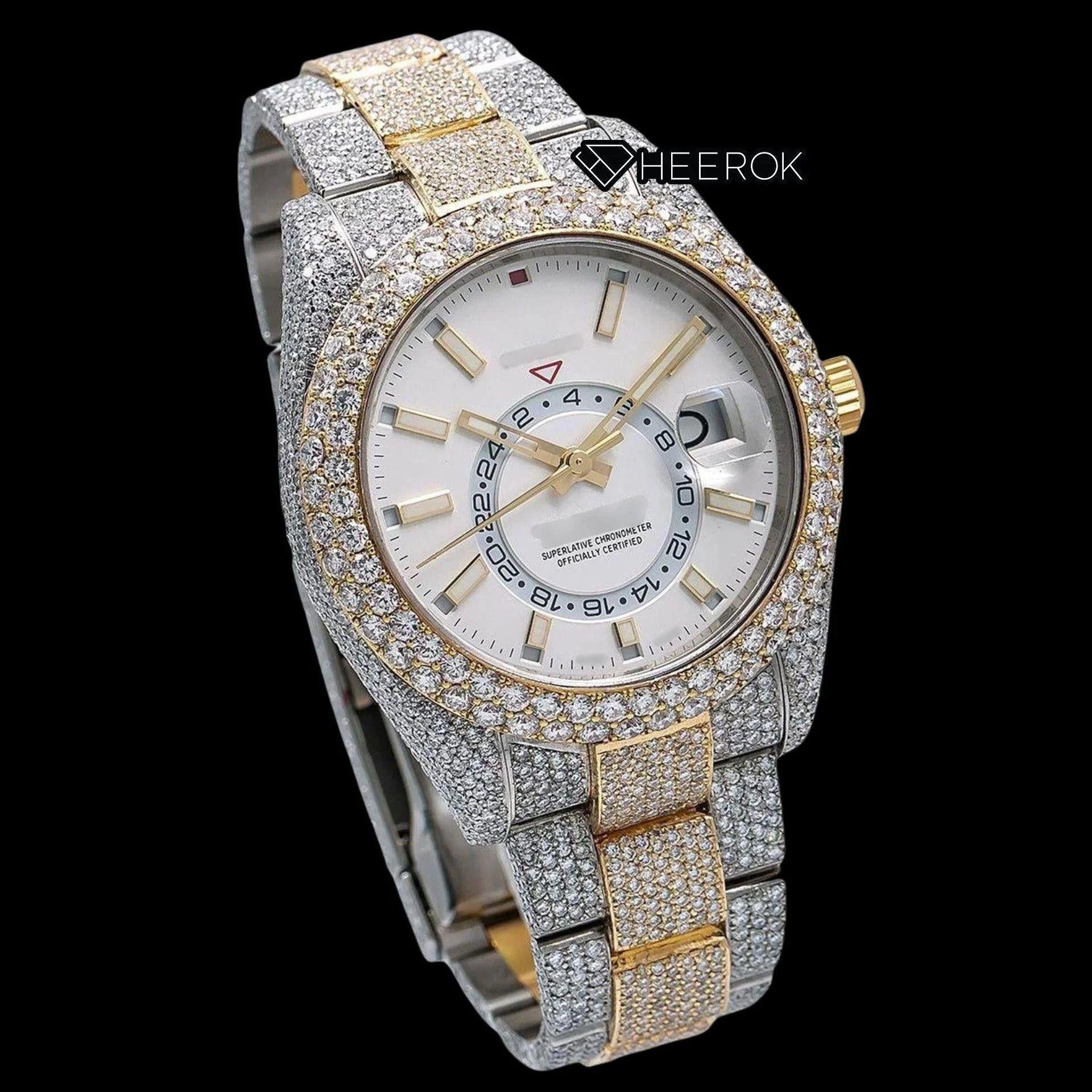 Rolex Sky-Dweller White Dial White Stick Markers Diamond Bezel Two Tone Yellow Gold Fully Iced Moissanite Diamond Oyster Bracelet