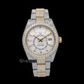 Rolex Sky-Dweller White Dial White Stick Markers Diamond Bezel Two Tone Yellow Gold Fully Iced Moissanite Diamond Oyster Bracelet