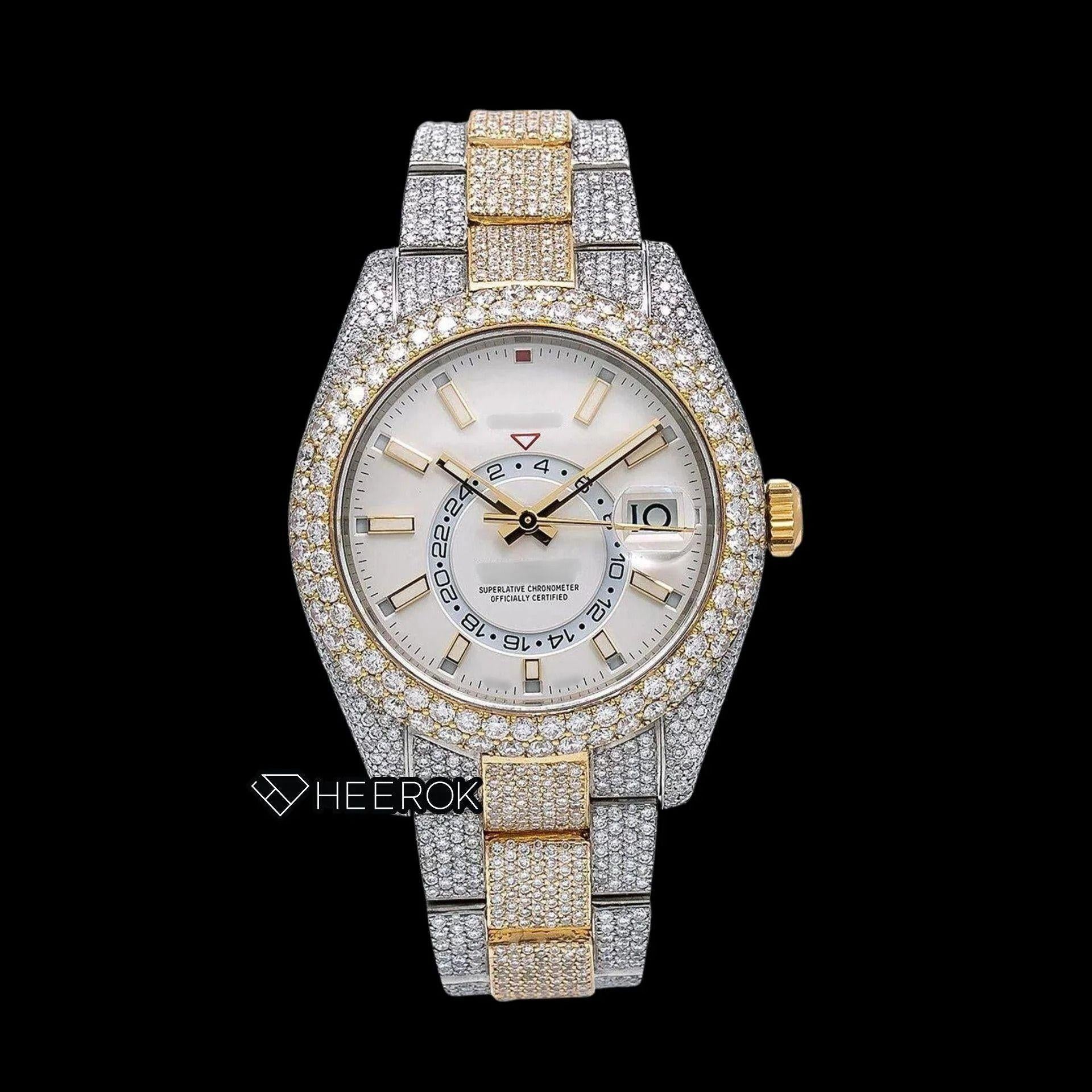 Rolex Sky-Dweller White Dial White Stick Markers Diamond Bezel Two Tone Yellow Gold Fully Iced Moissanite Diamond Oyster Bracelet