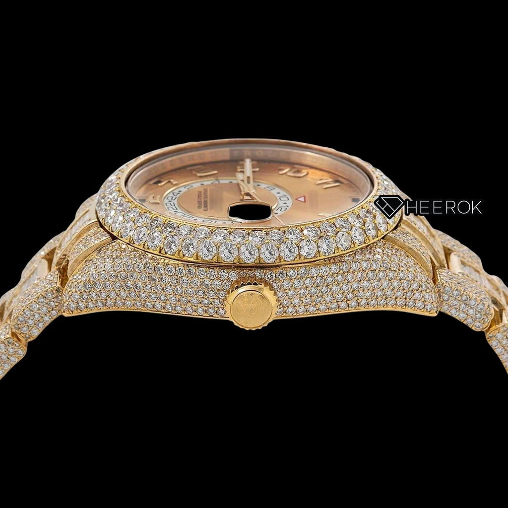 Rolex Sky-Dweller Yellow Dial Standard Numerals Diamond Bezel Yellow Gold Fully Iced Baguette Moissanite Diamond Oyster Bracelet Watch