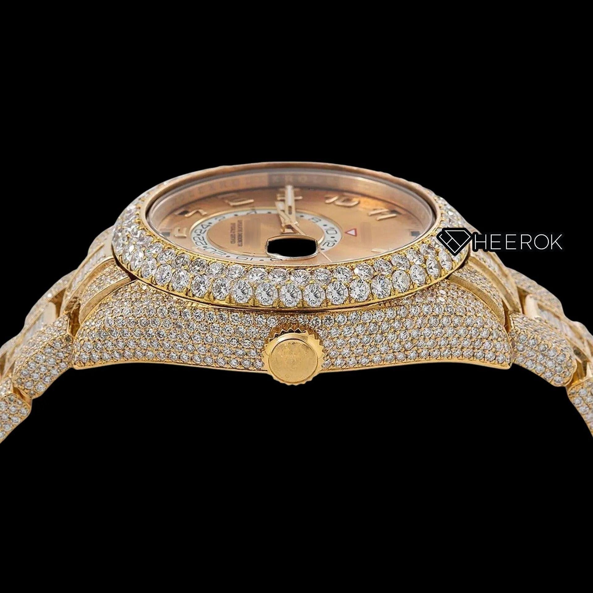 Rolex Sky-Dweller Yellow Dial Standard Numerals Diamond Bezel Yellow Gold Fully Iced Baguette Moissanite Diamond Oyster Bracelet Watch